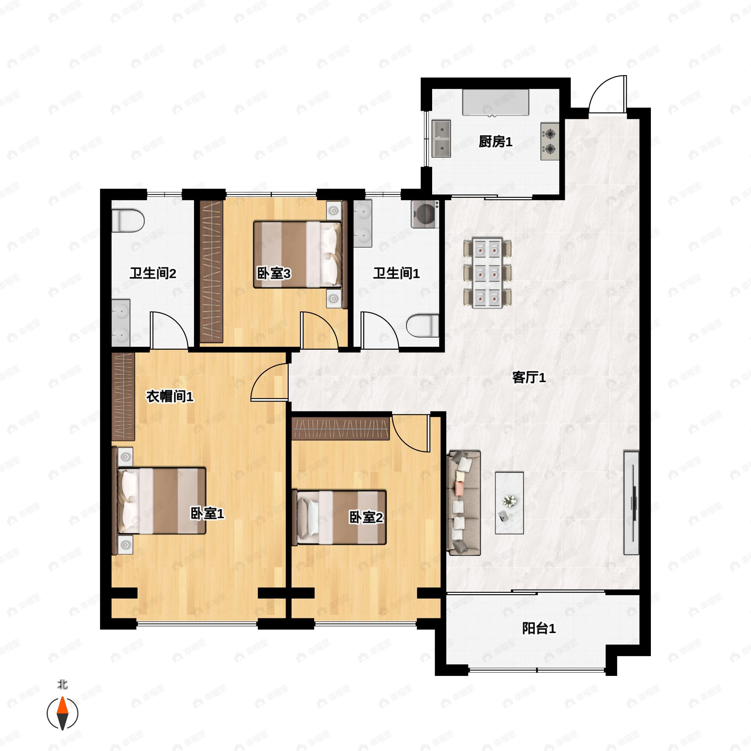 3室2厅2卫建面125平北|南户型图