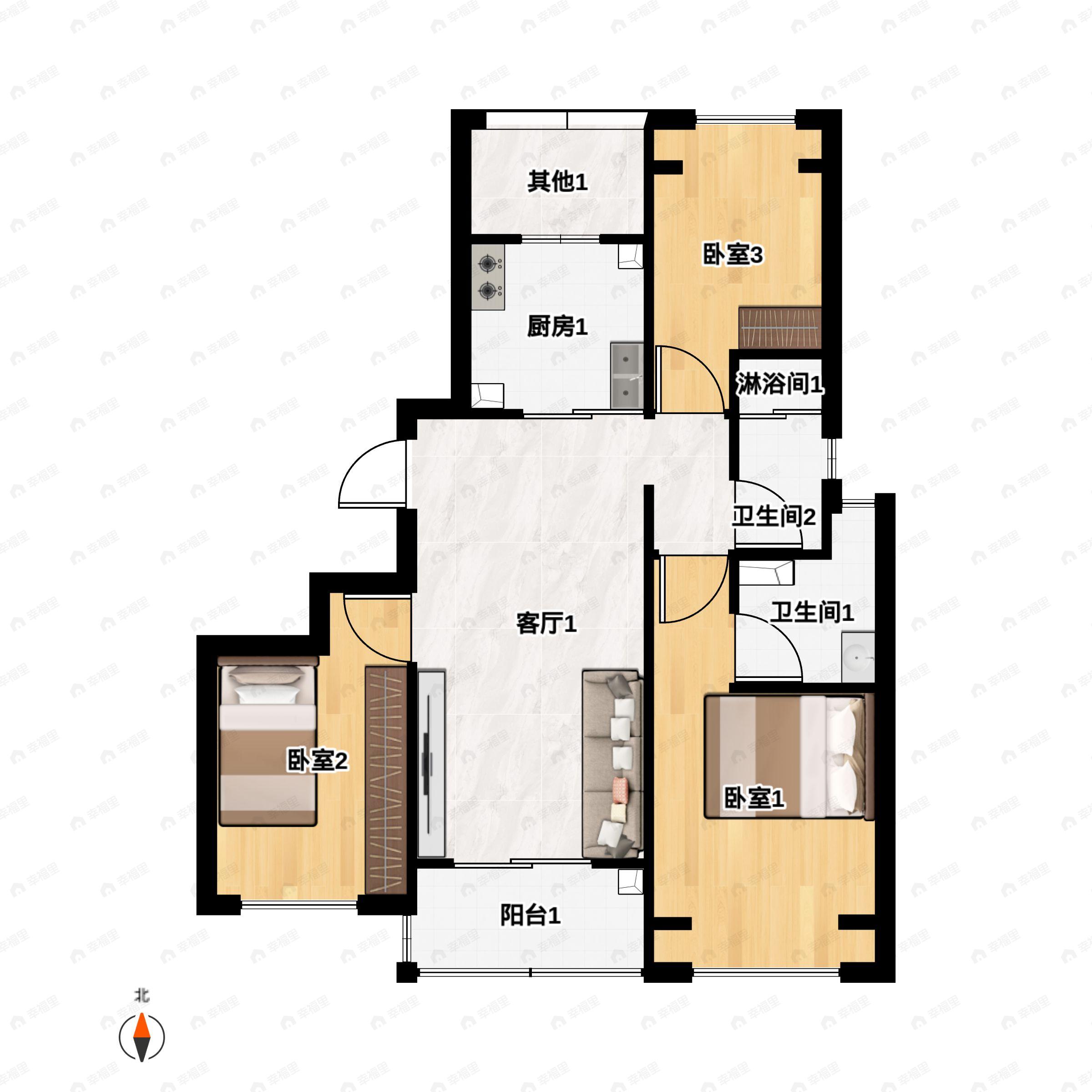 3室2厅2卫建面101m²南户型图