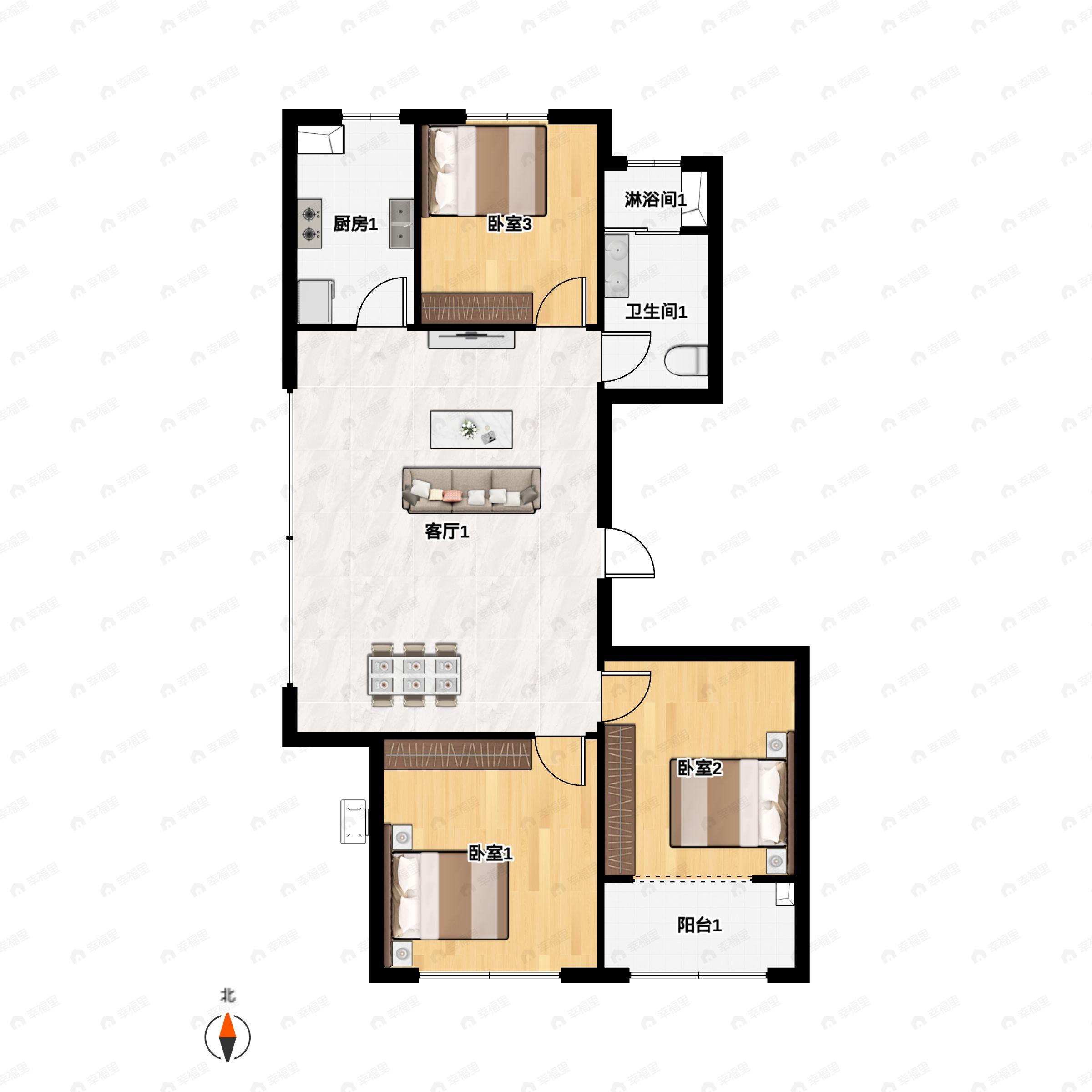3室2厅1卫建面99m²南|北户型图