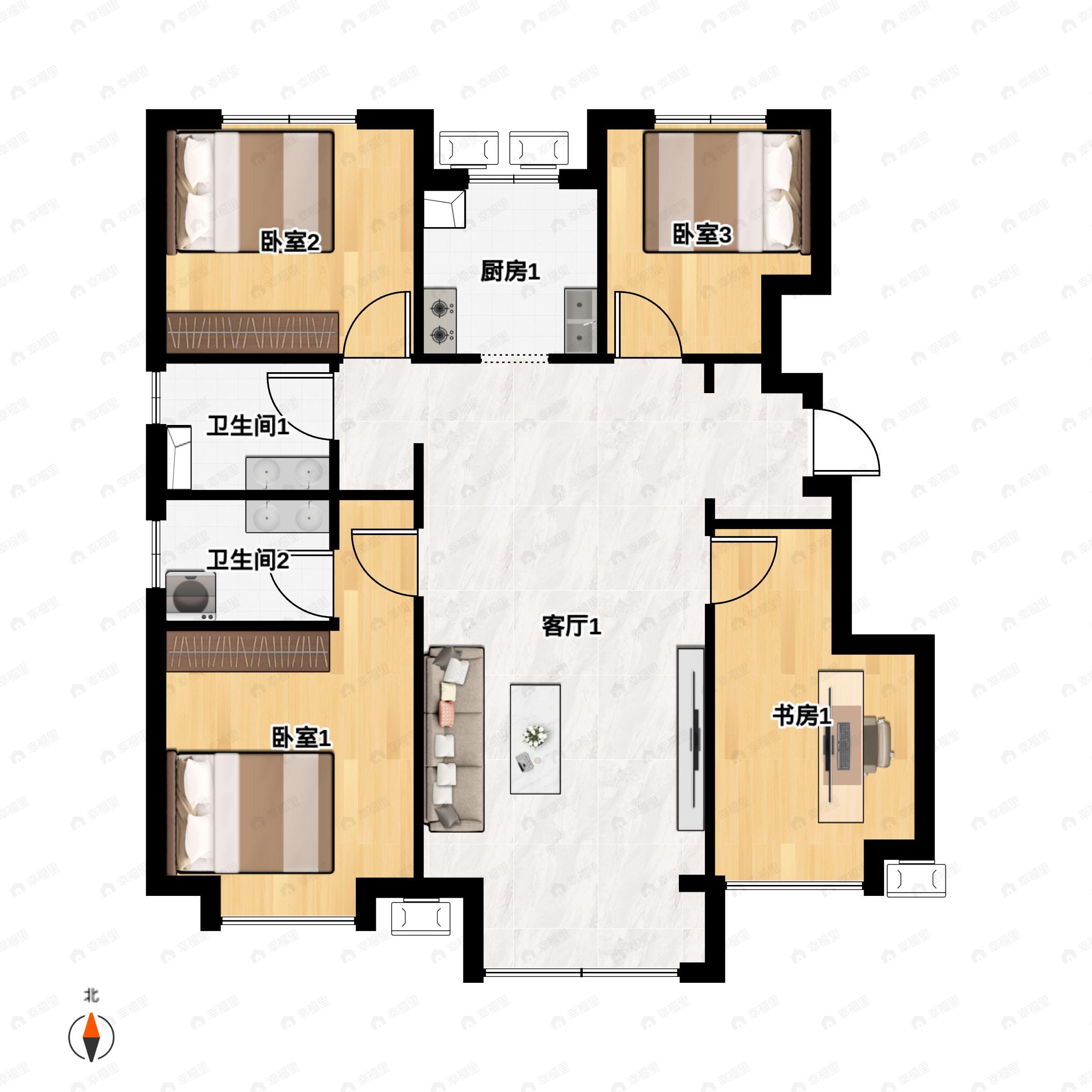 4室2厅2卫建面113平北|南户型图