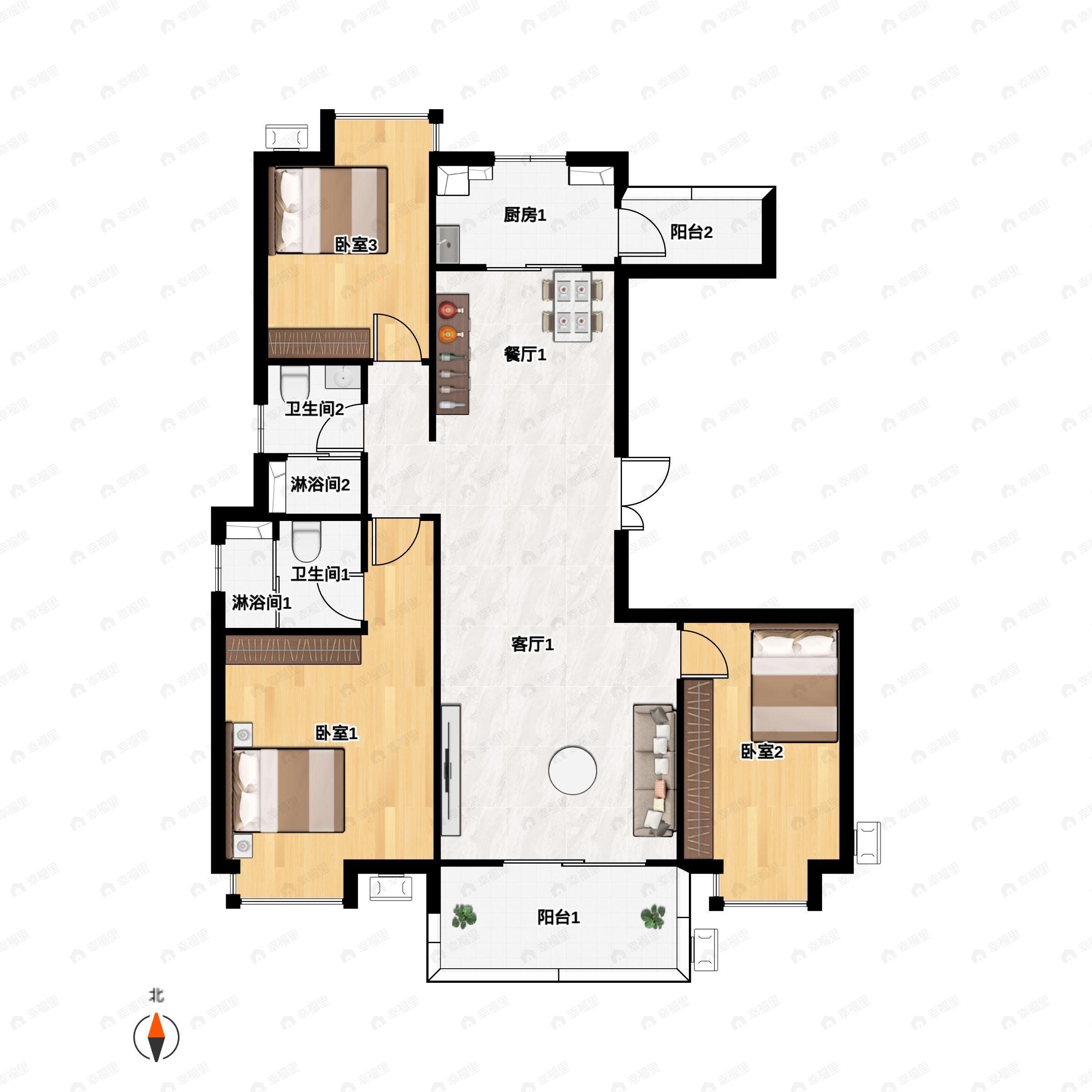 3室2厅2卫建面127m²南户型图