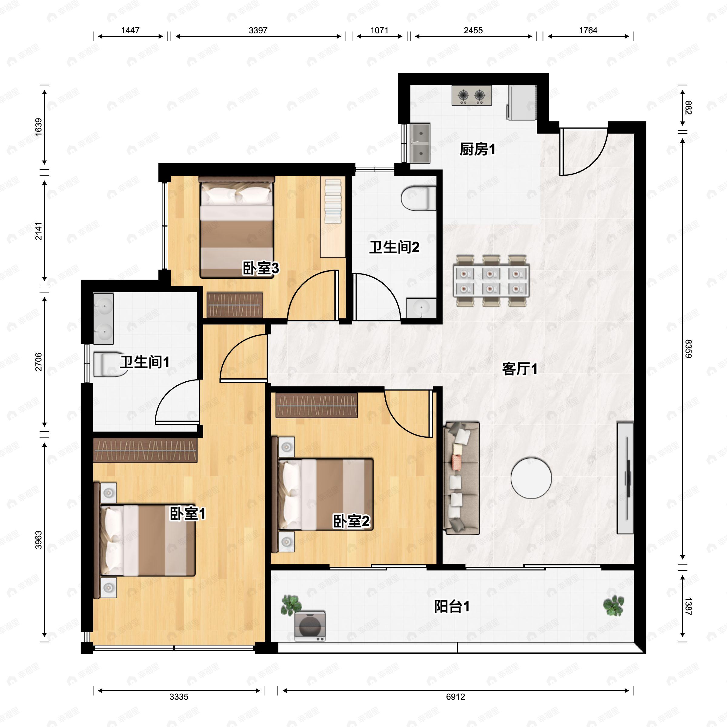 3室2厅2卫建面106平户型图