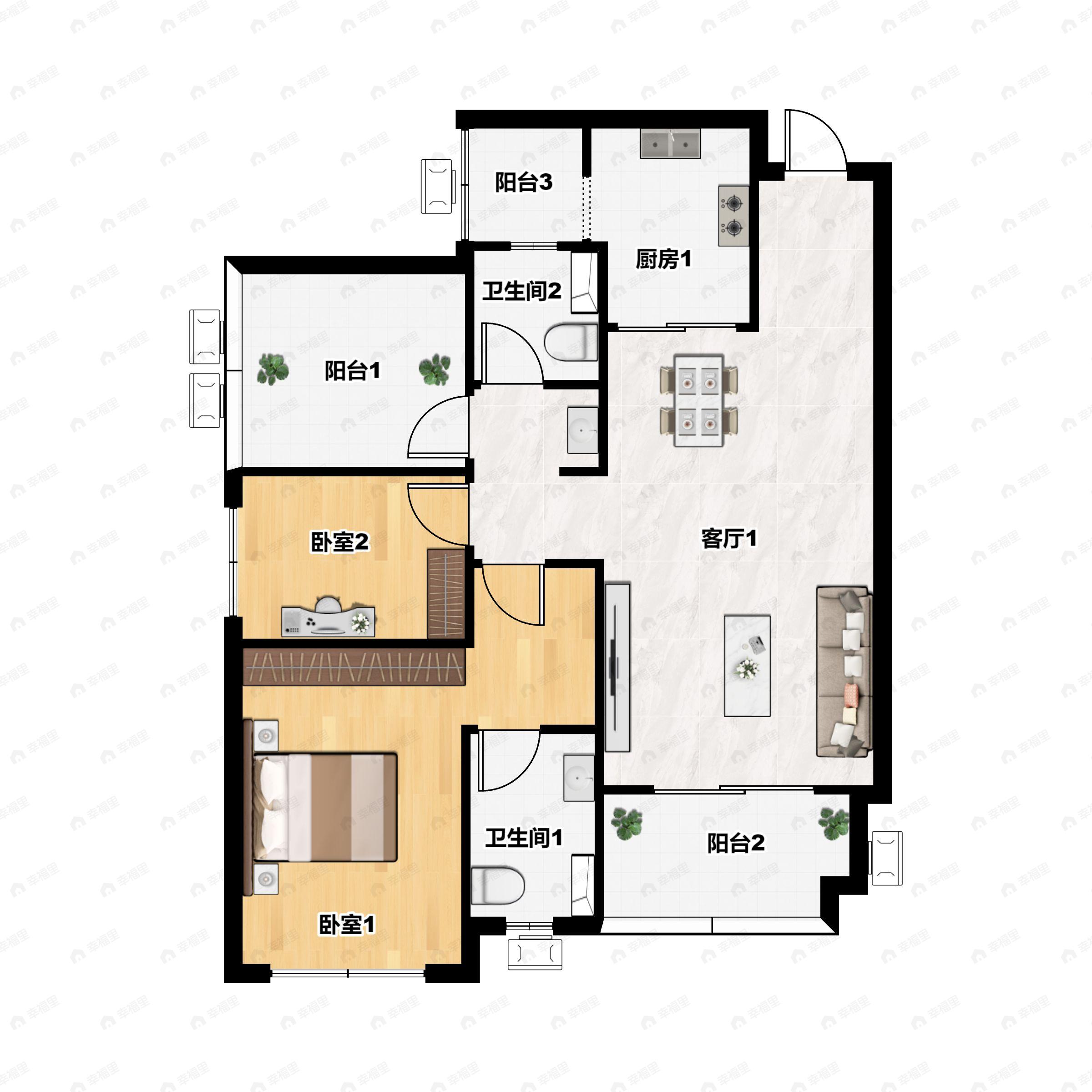 2室2厅2卫建面96平户型图
