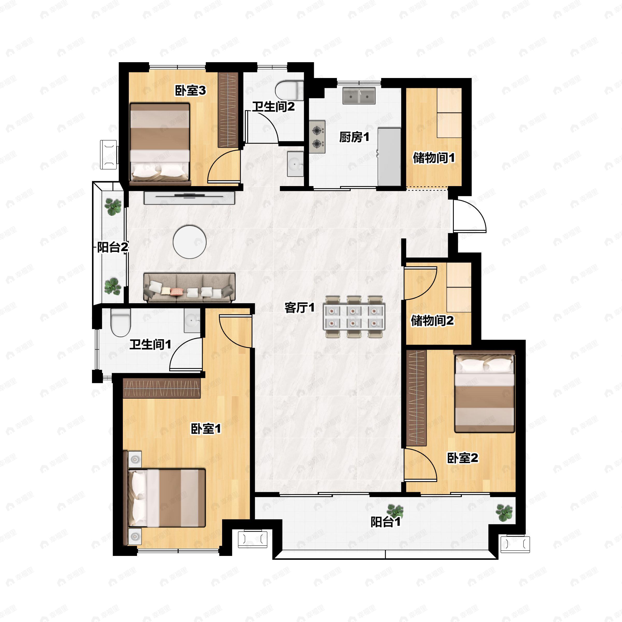 4室2厅2卫建面132平南户型图