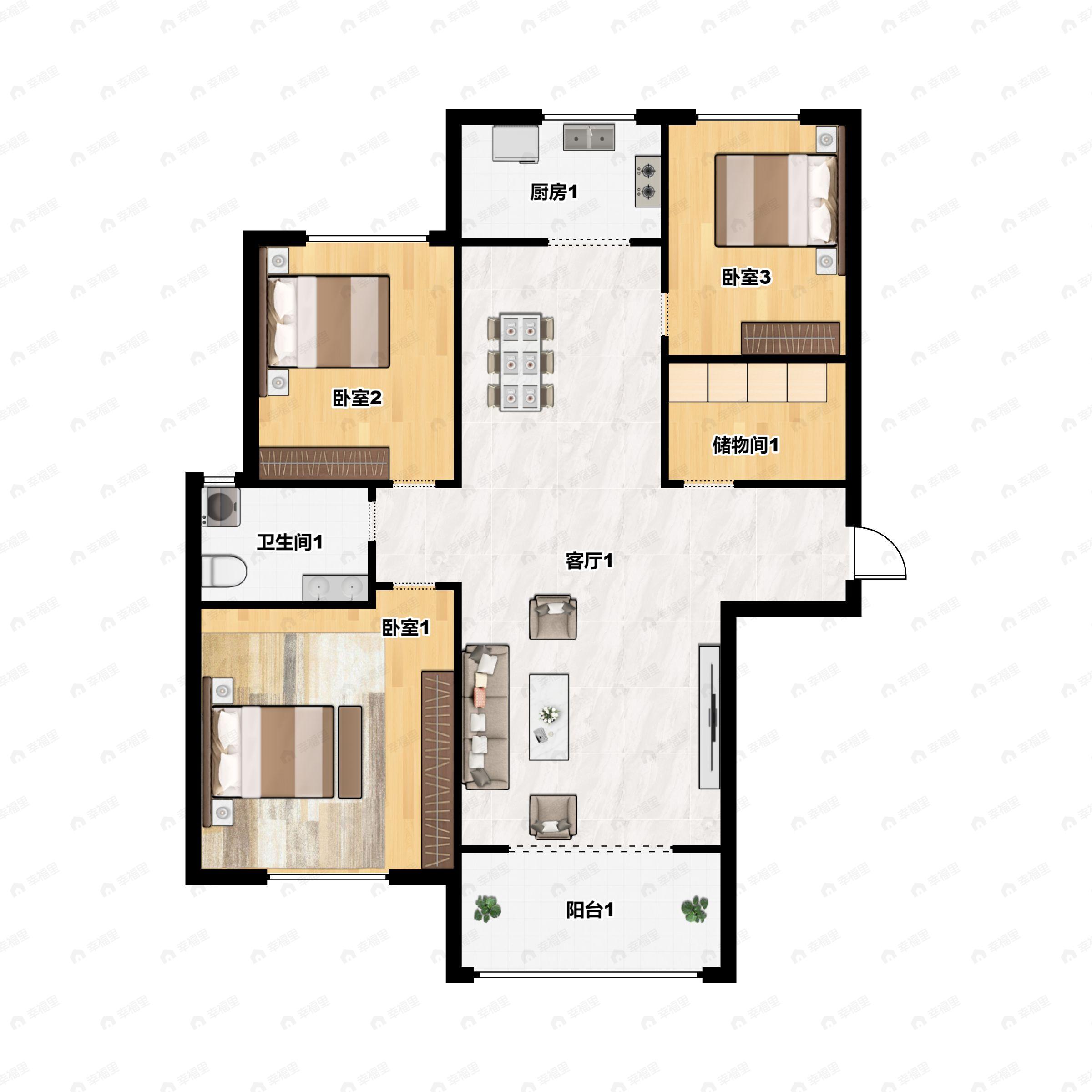 3室2厅2卫建面123m²南户型图