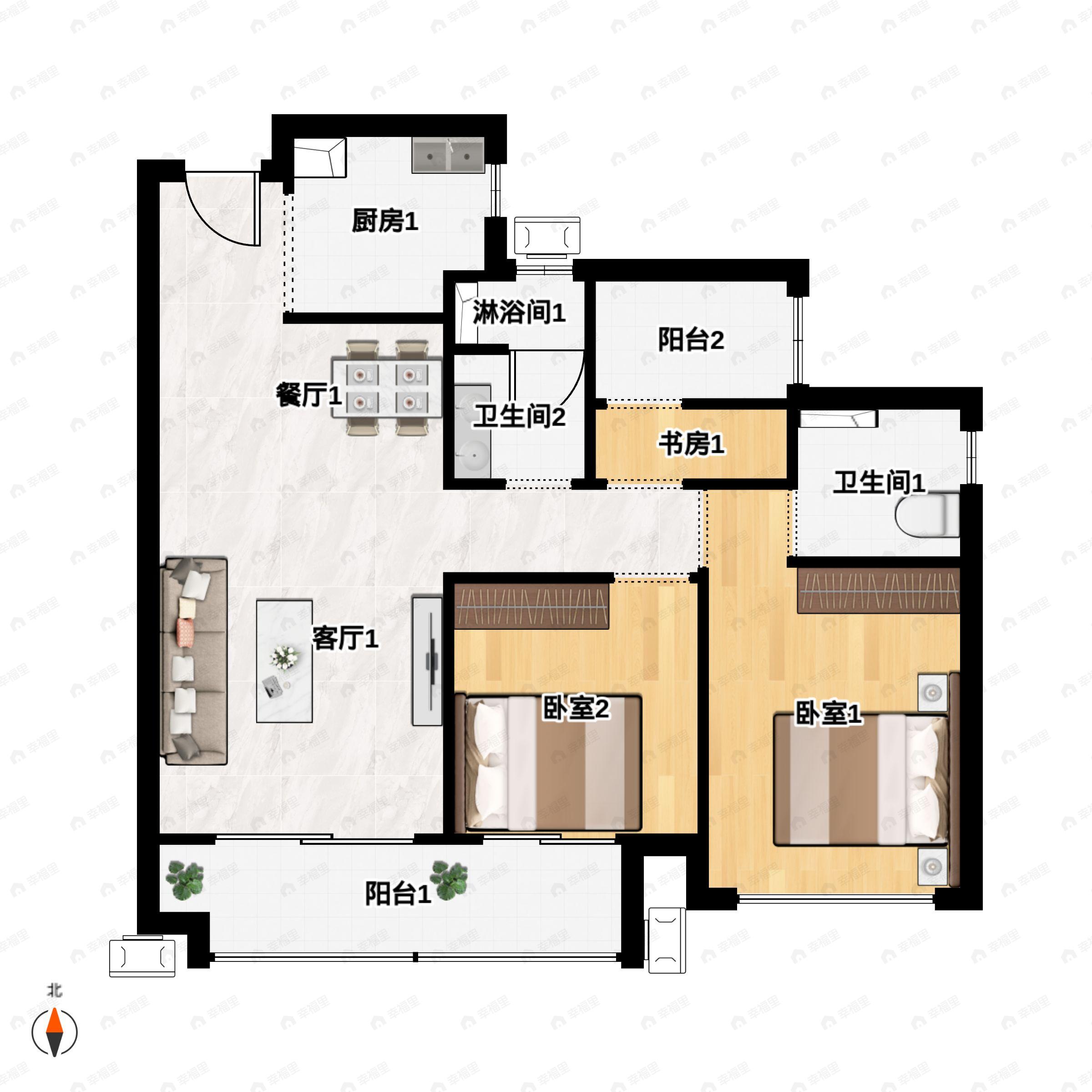 2室2厅2卫建面98平户型图