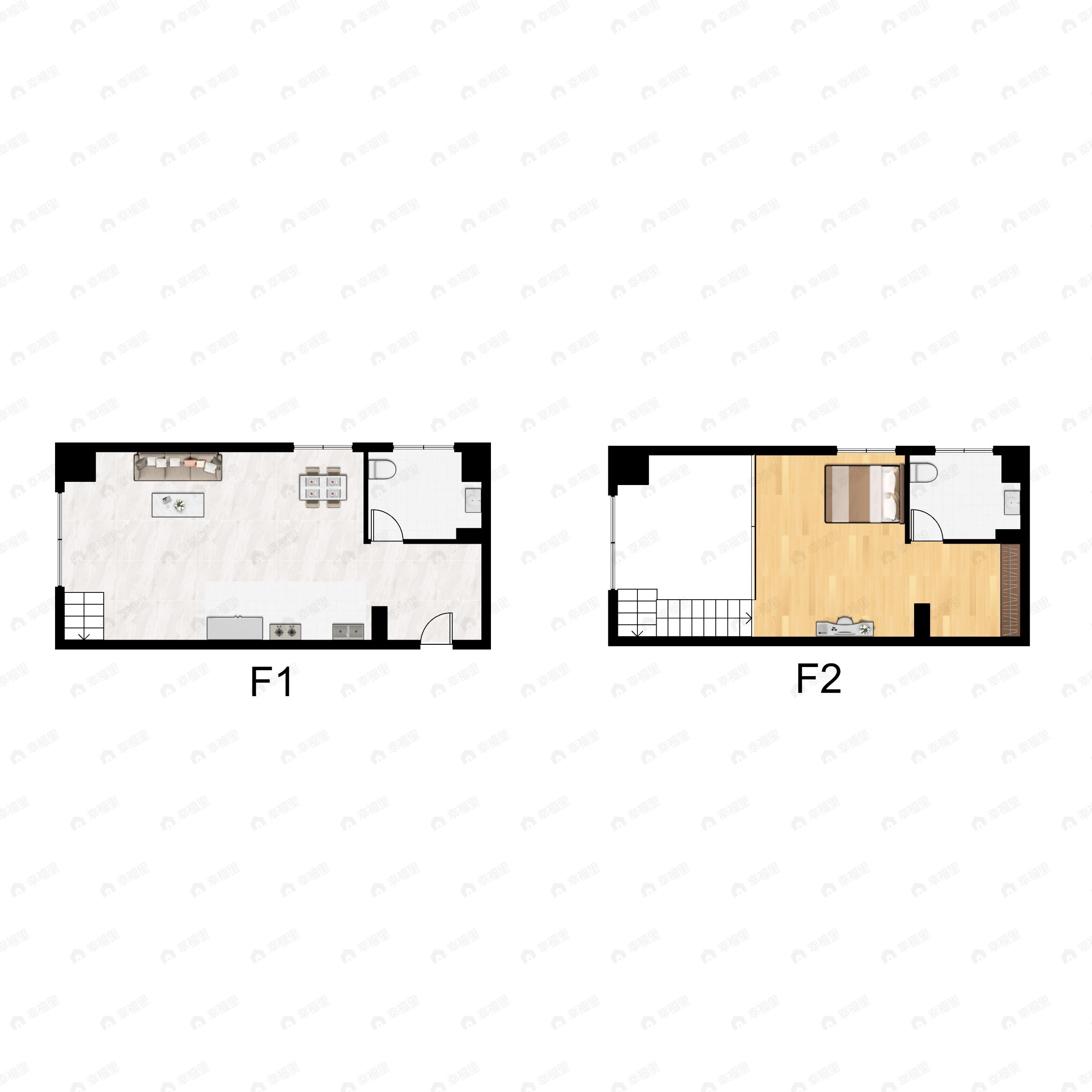 1室2厅2卫建面48平西北户型图