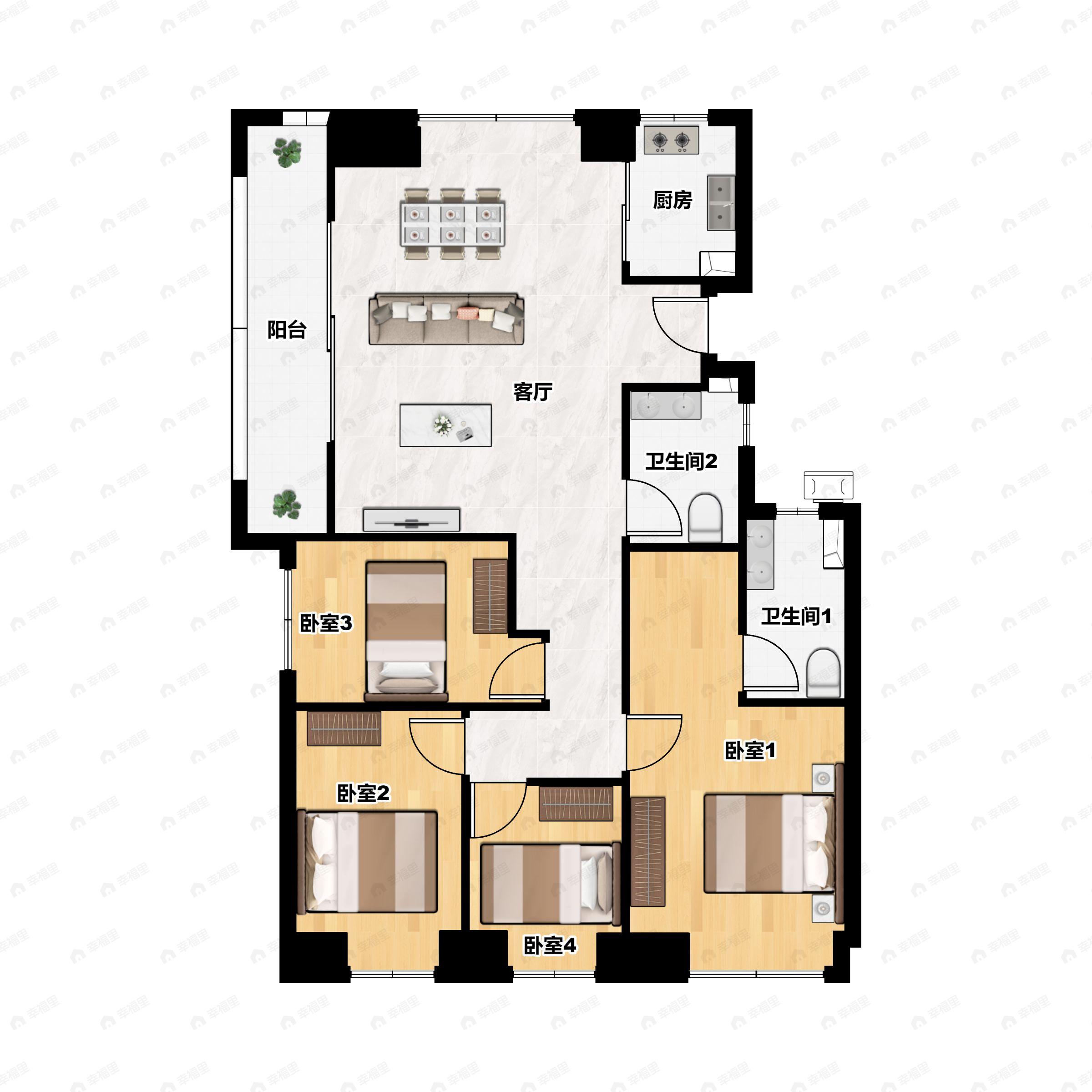 4室2厅2卫建面143平北|南户型图