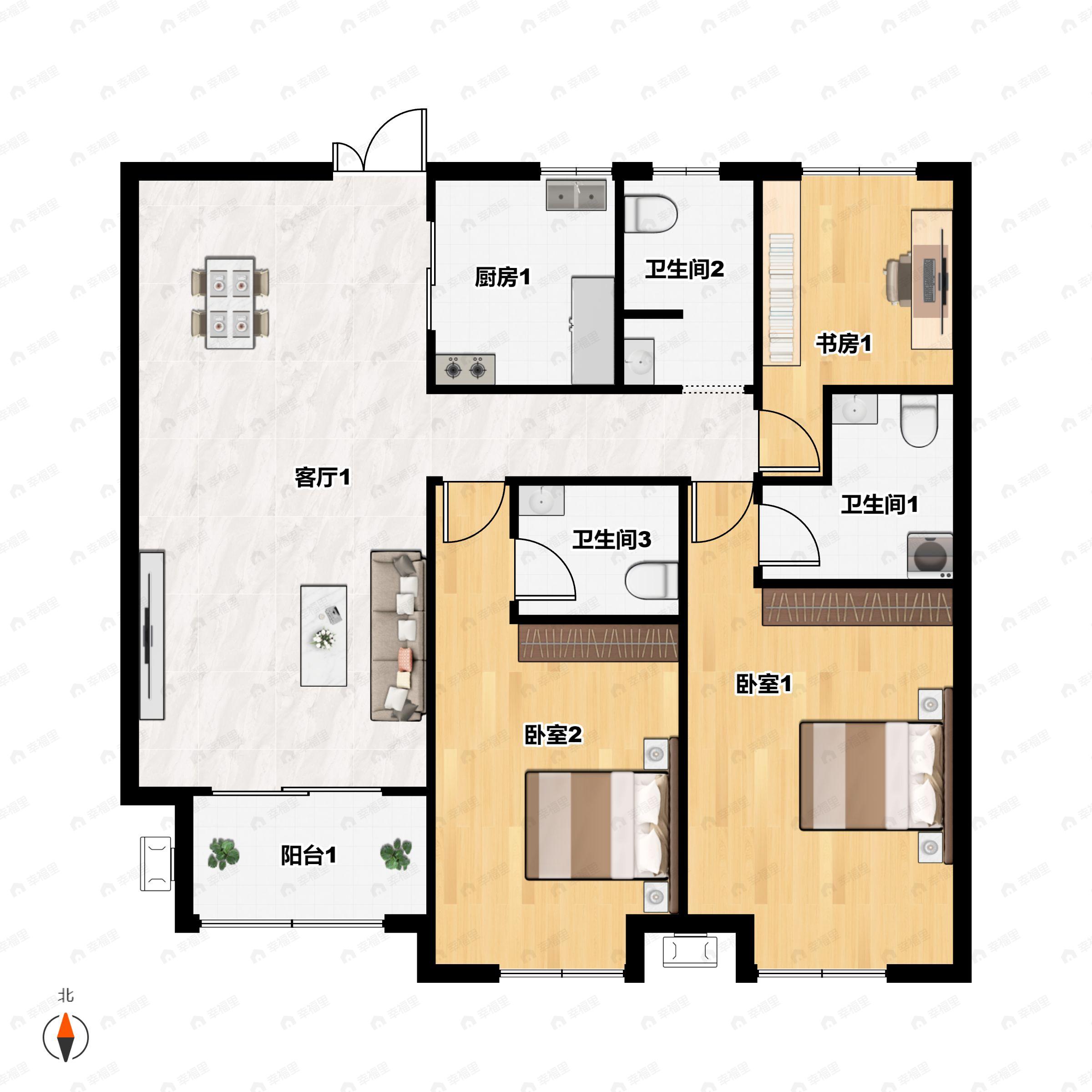 3室2厅3卫建面145m²北|南户型图