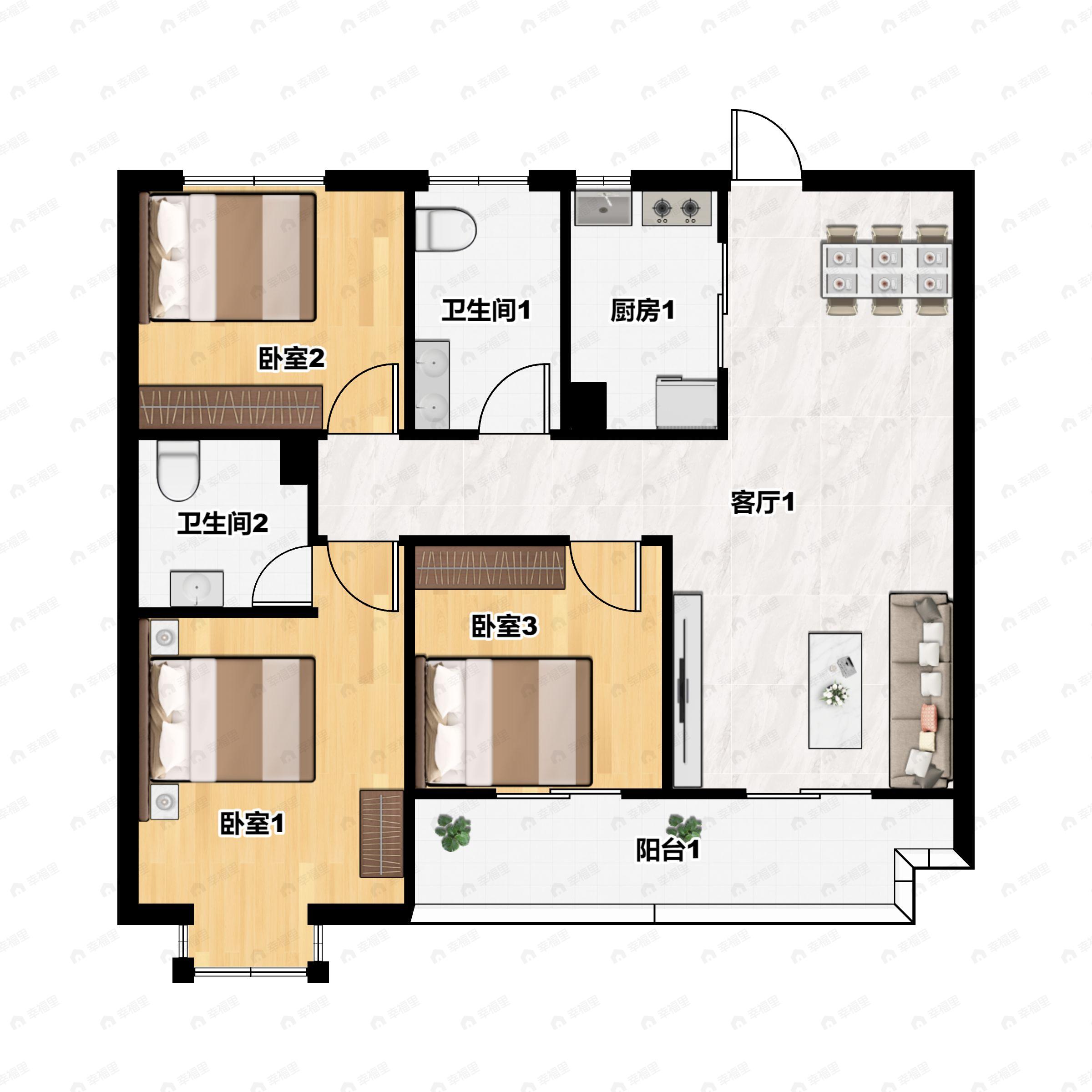 3室2厅2卫建面104平户型图