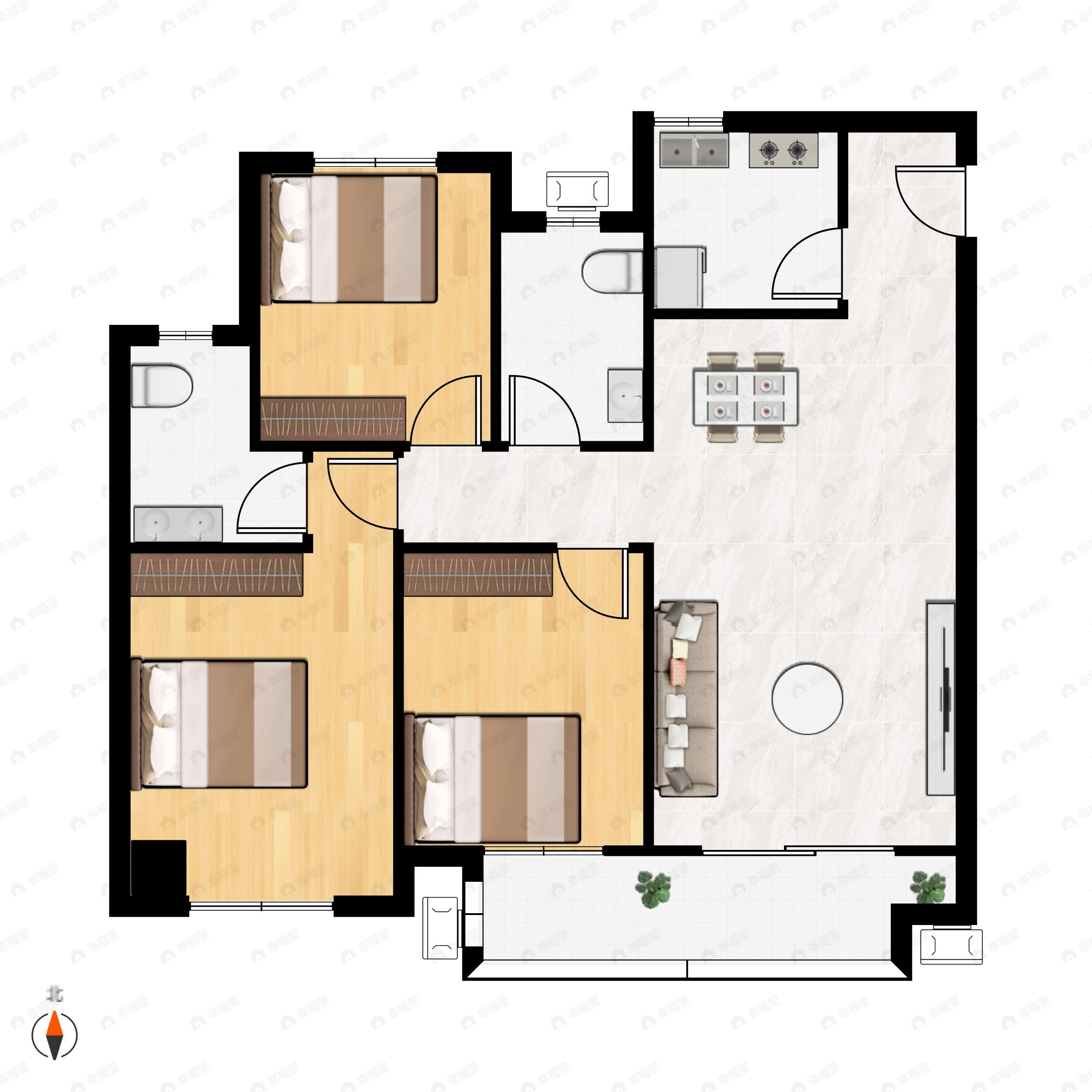 3室2厅2卫建面117m²南户型图