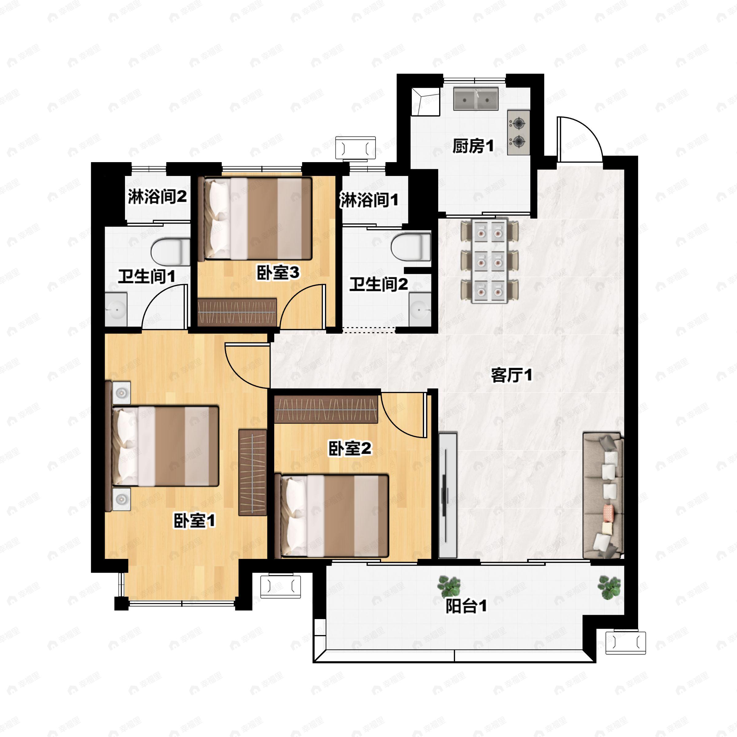 3室2厅2卫建面100平户型图