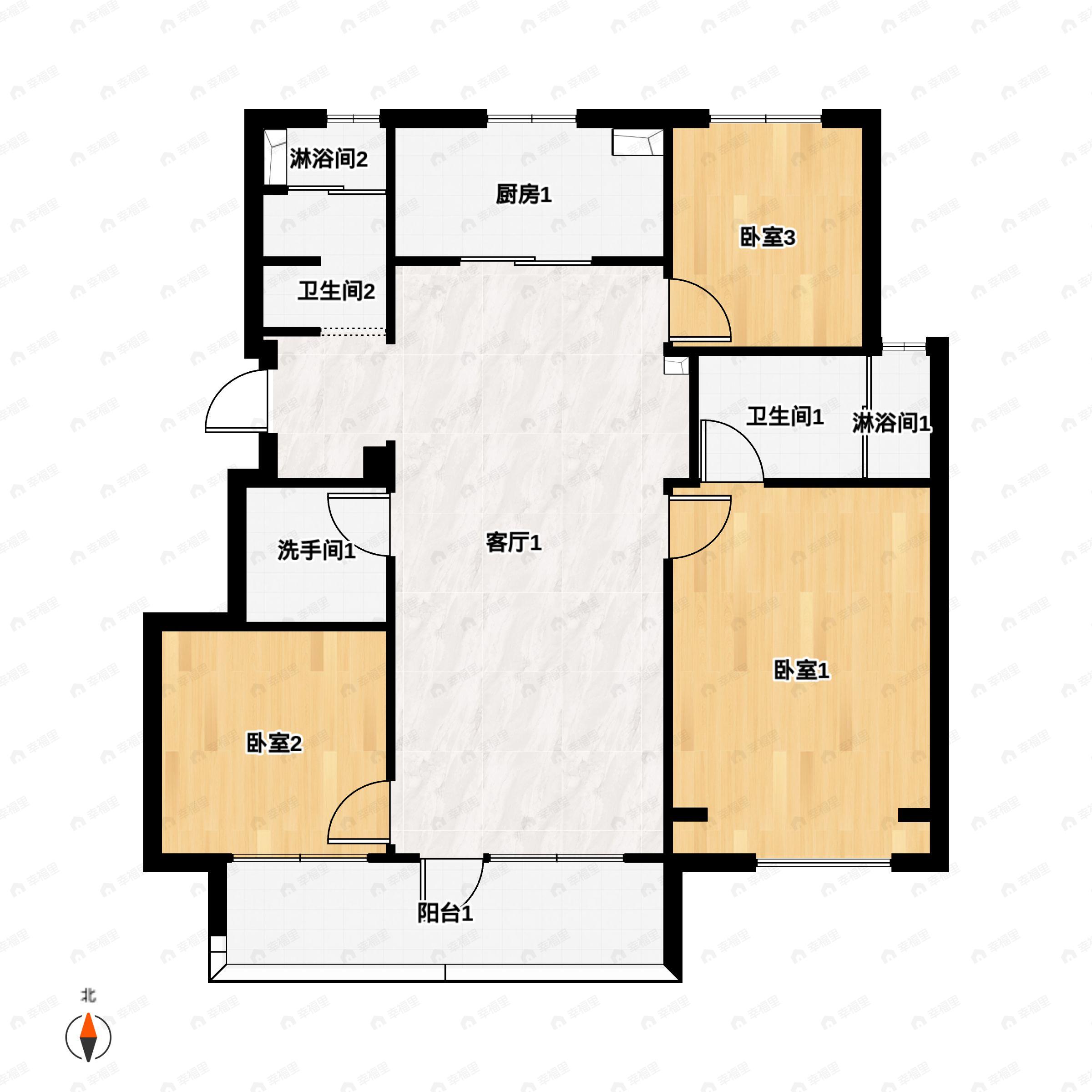 3室2厅2卫建面107平南户型图