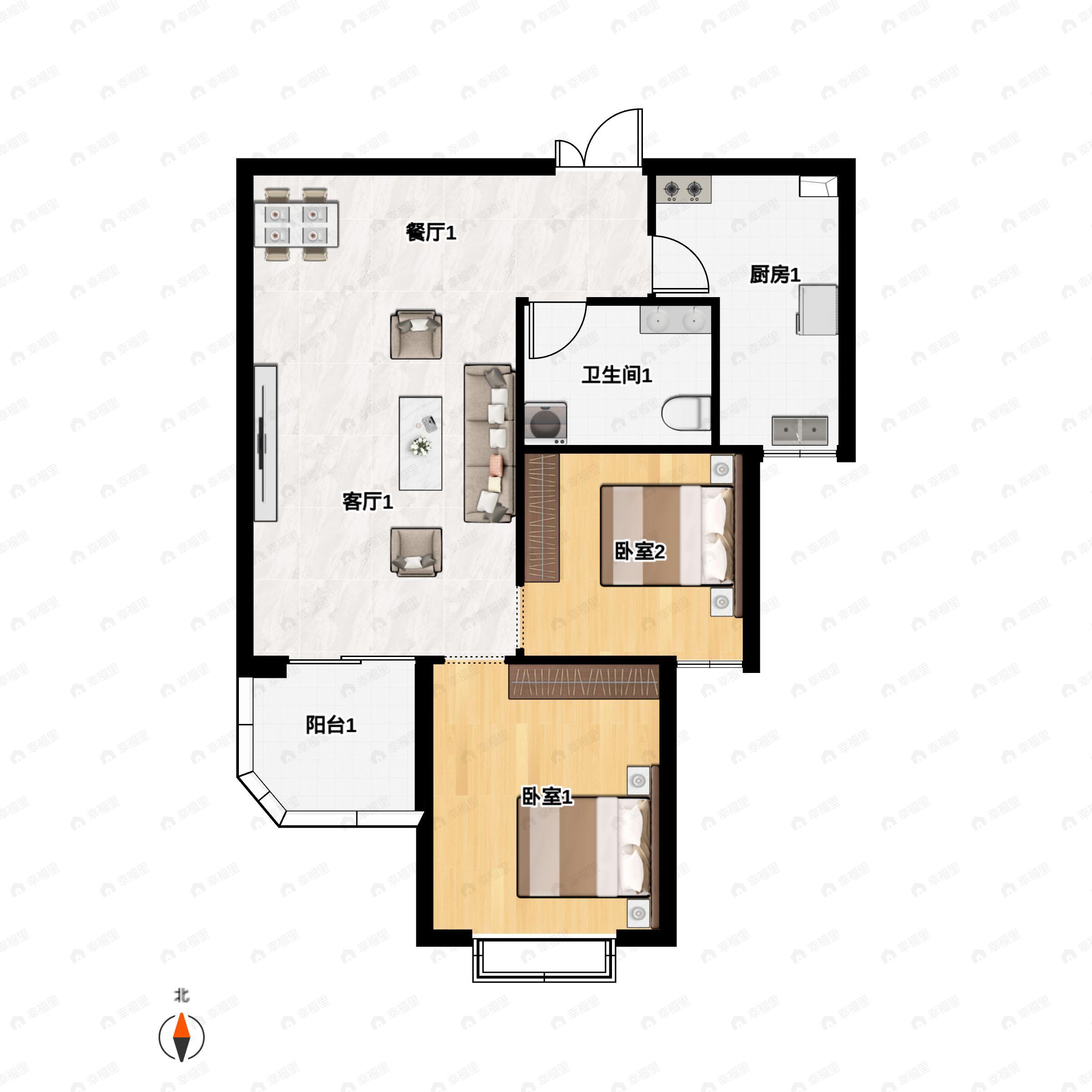 2室2厅1卫建面94m²南户型图