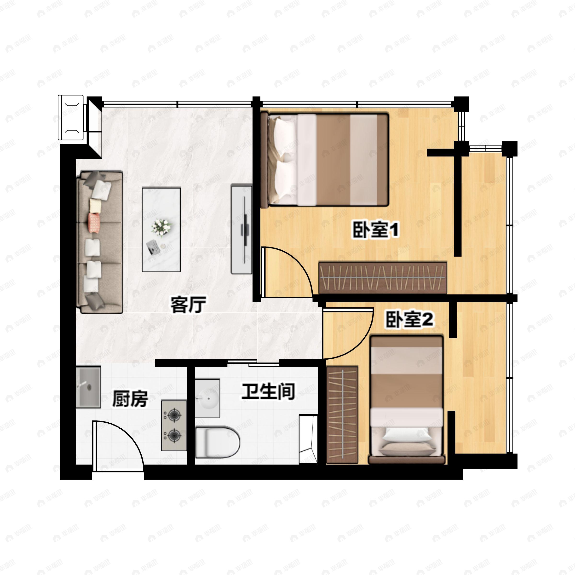 2室1厅1卫建面52平南户型图