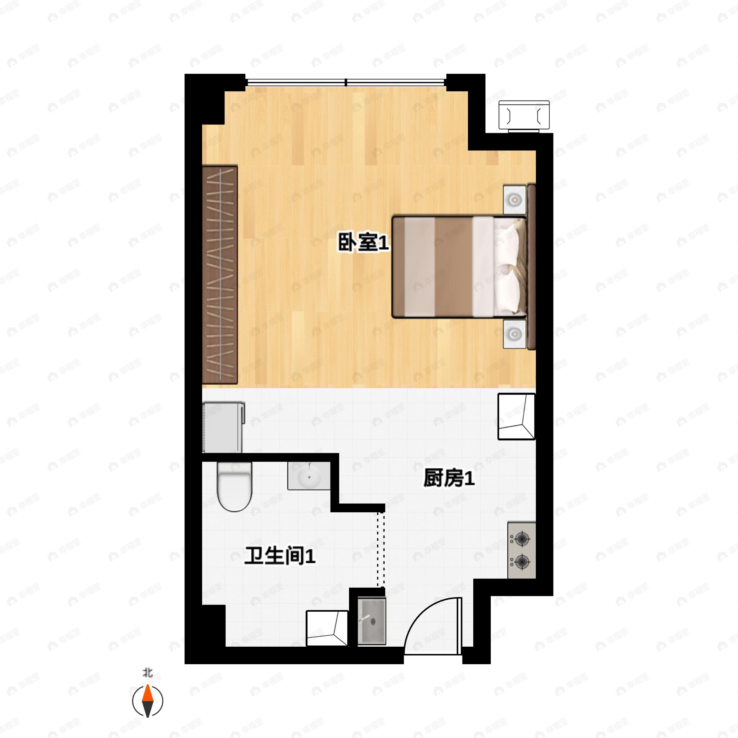 1室1厅1卫建面38m²北户型图