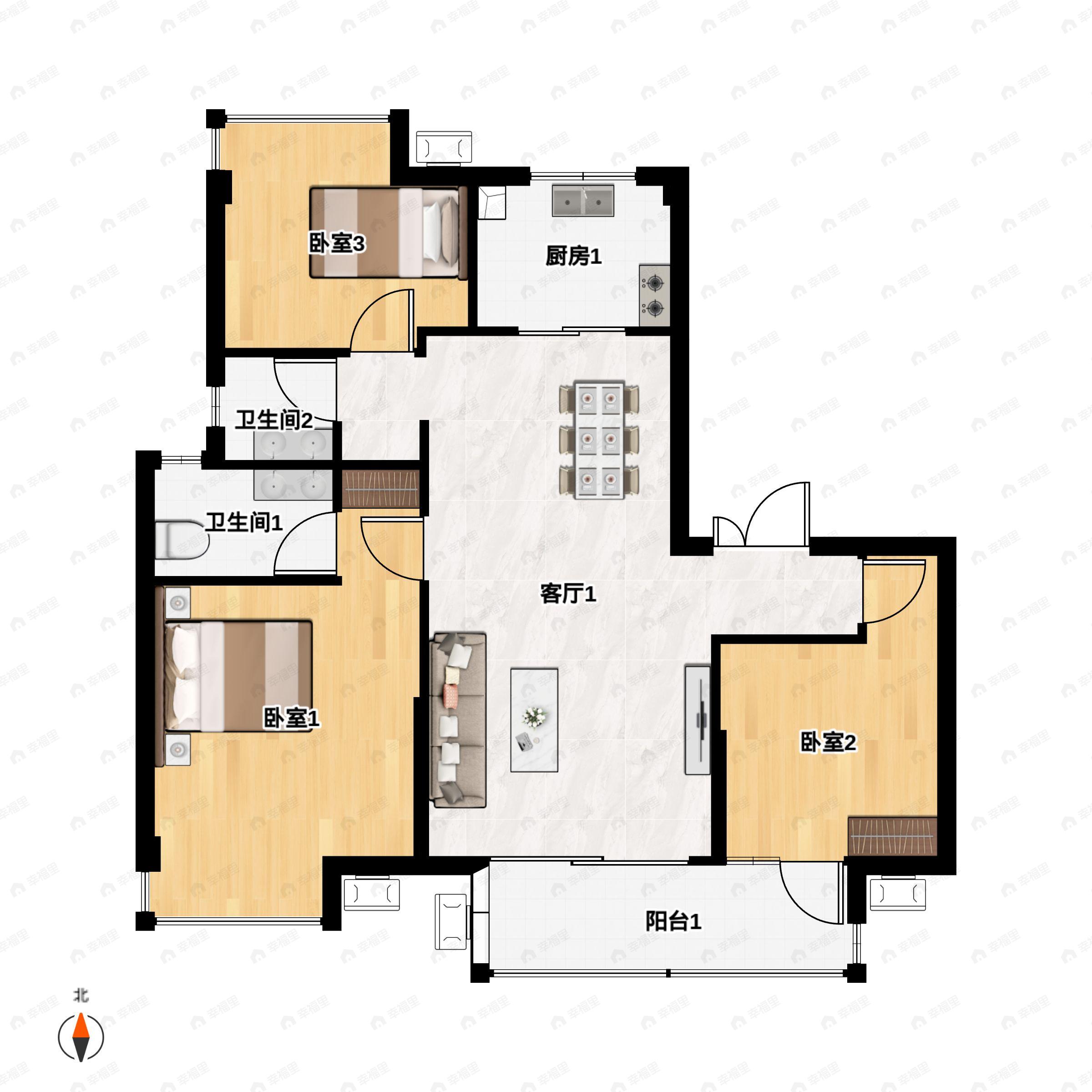 3室2厅2卫建面115平南户型图