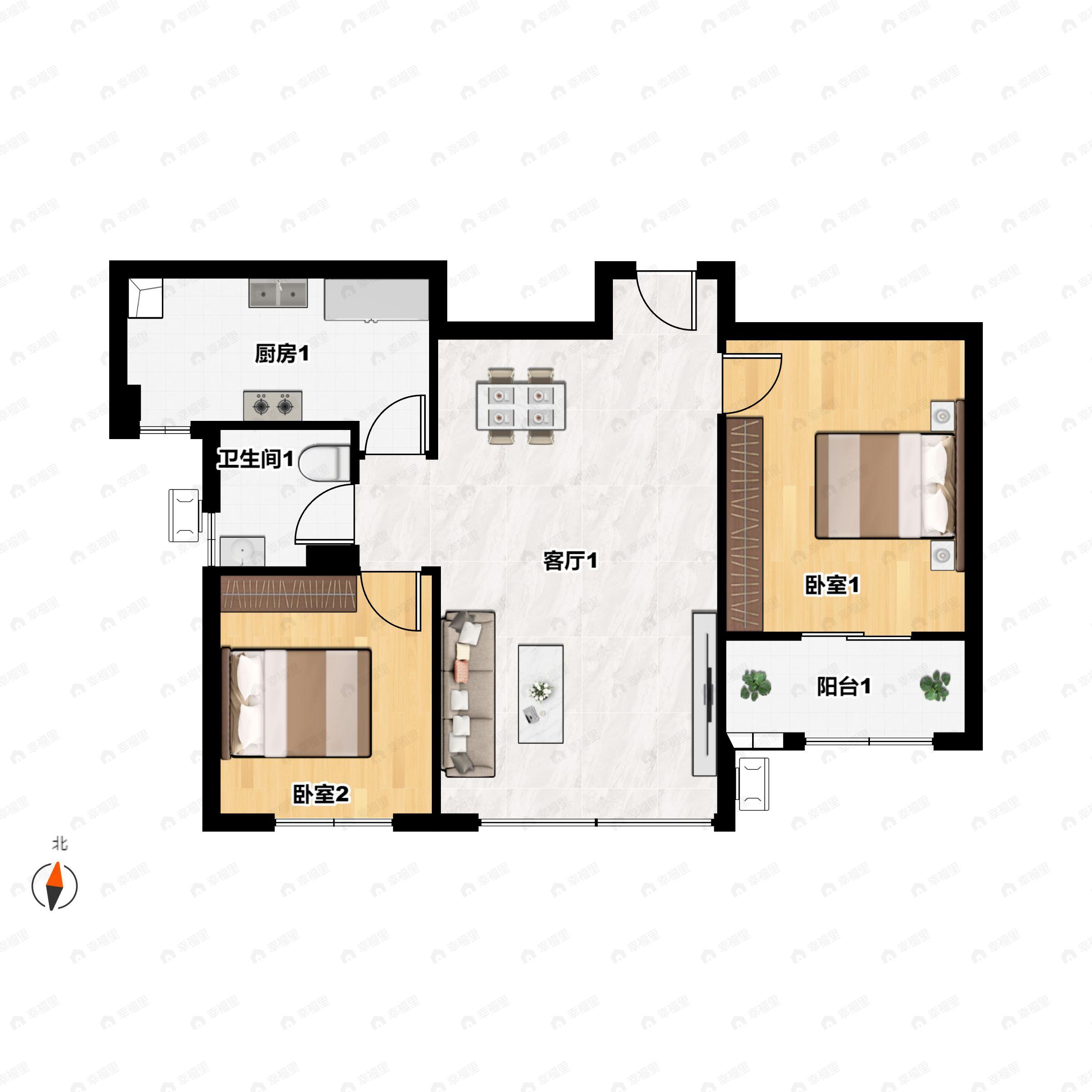 2室2厅1卫建面86m²南户型图