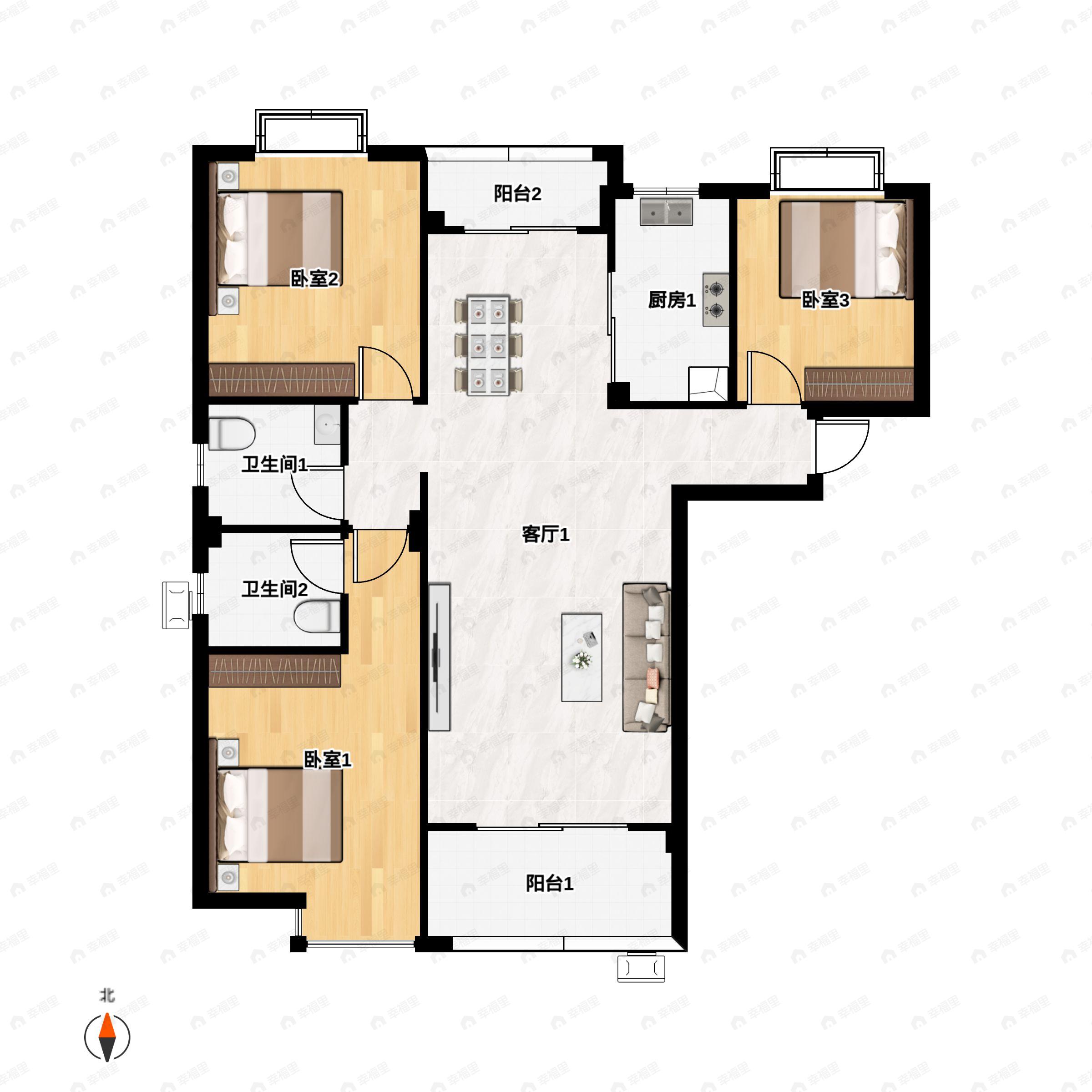 3室2厅2卫建面75平户型图