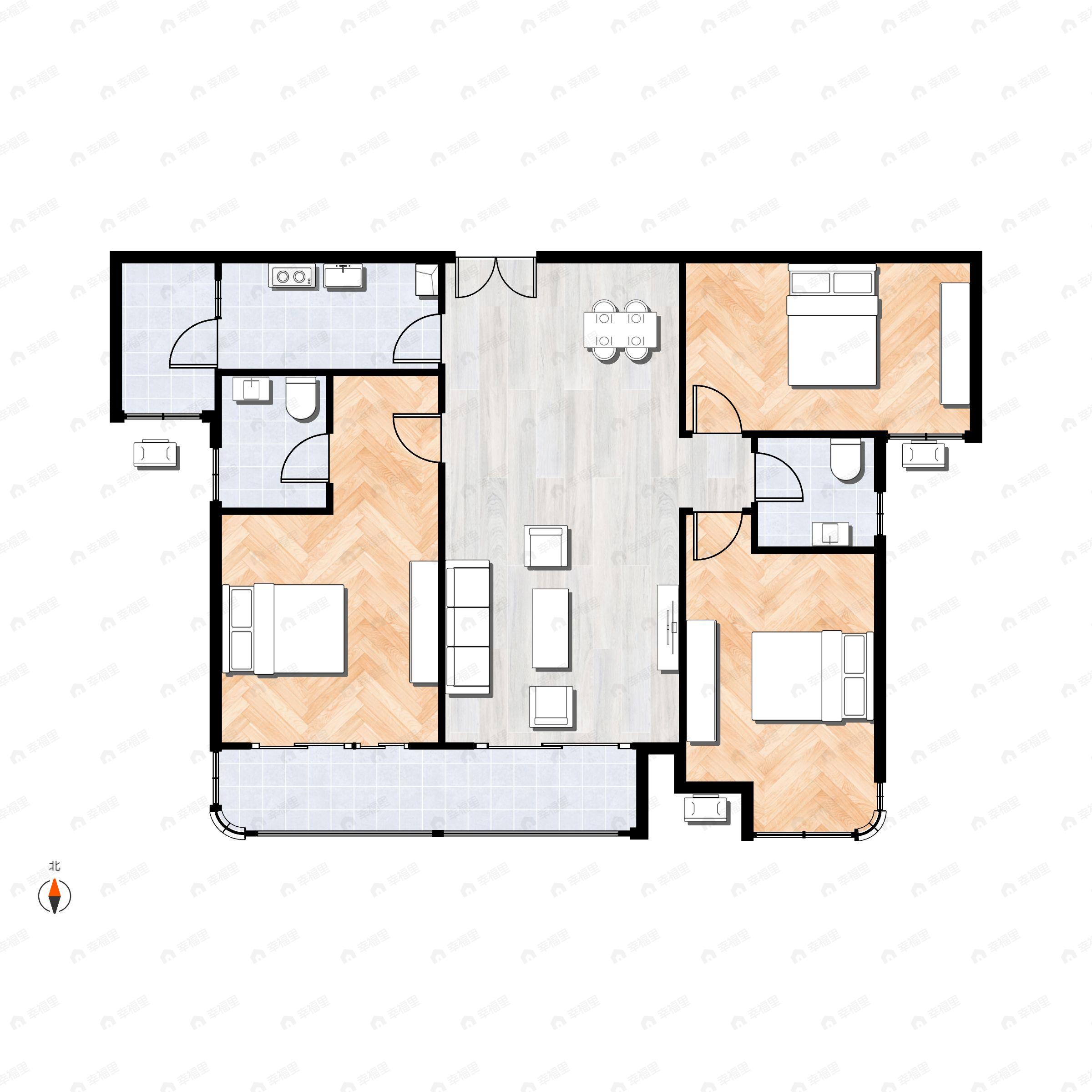 3室2厅2卫建面108m²南户型图