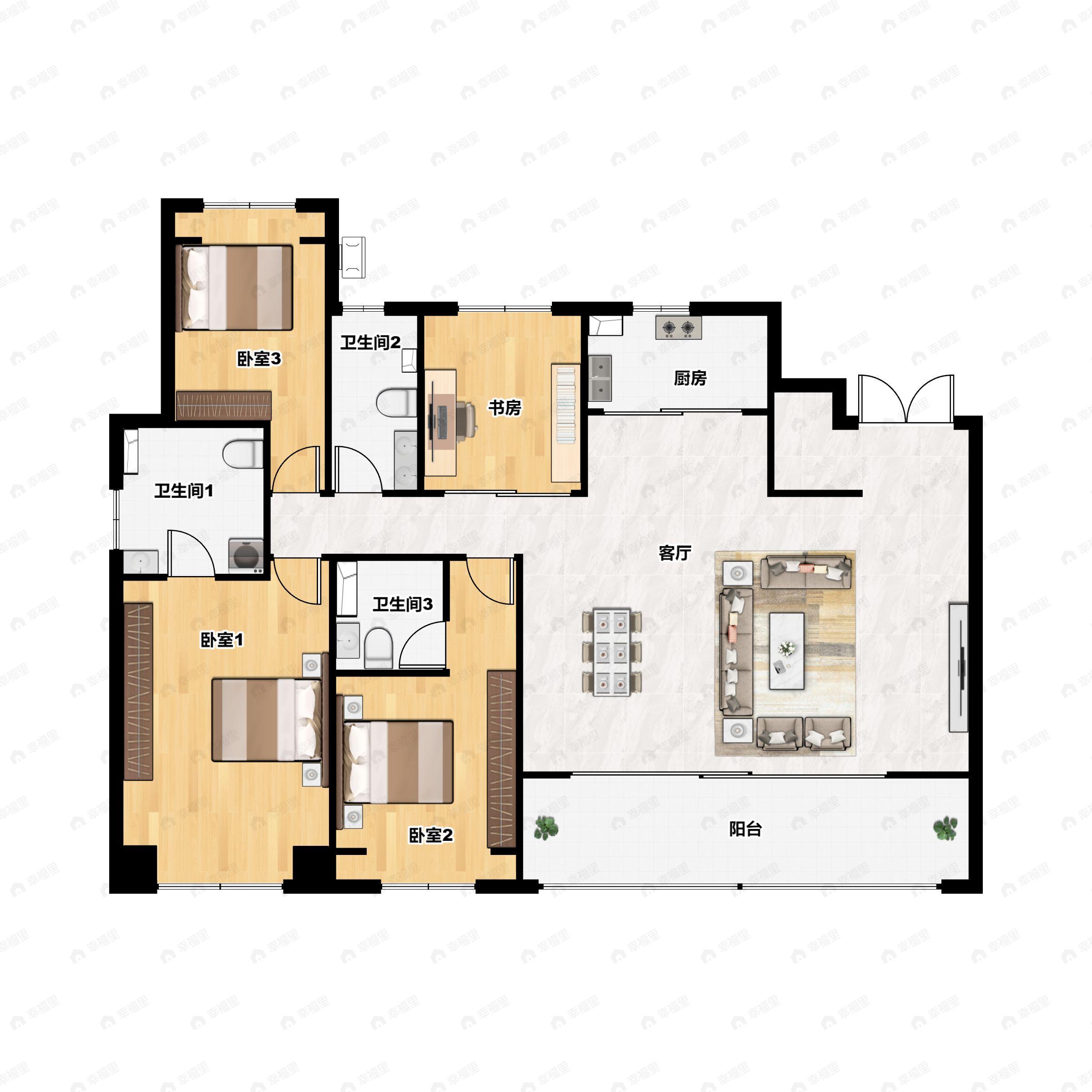 4室2厅3卫建面195平南|北户型图
