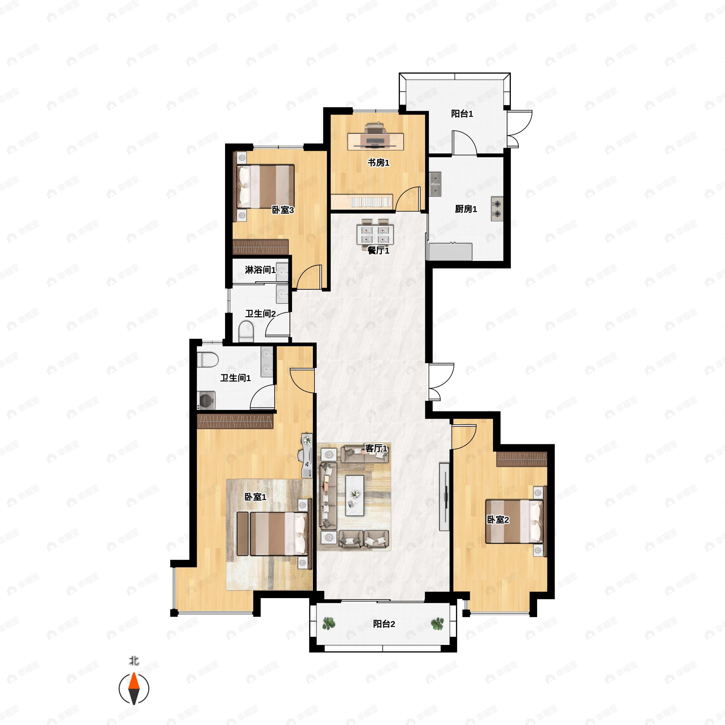 4室2厅2卫建面163平北|南户型图