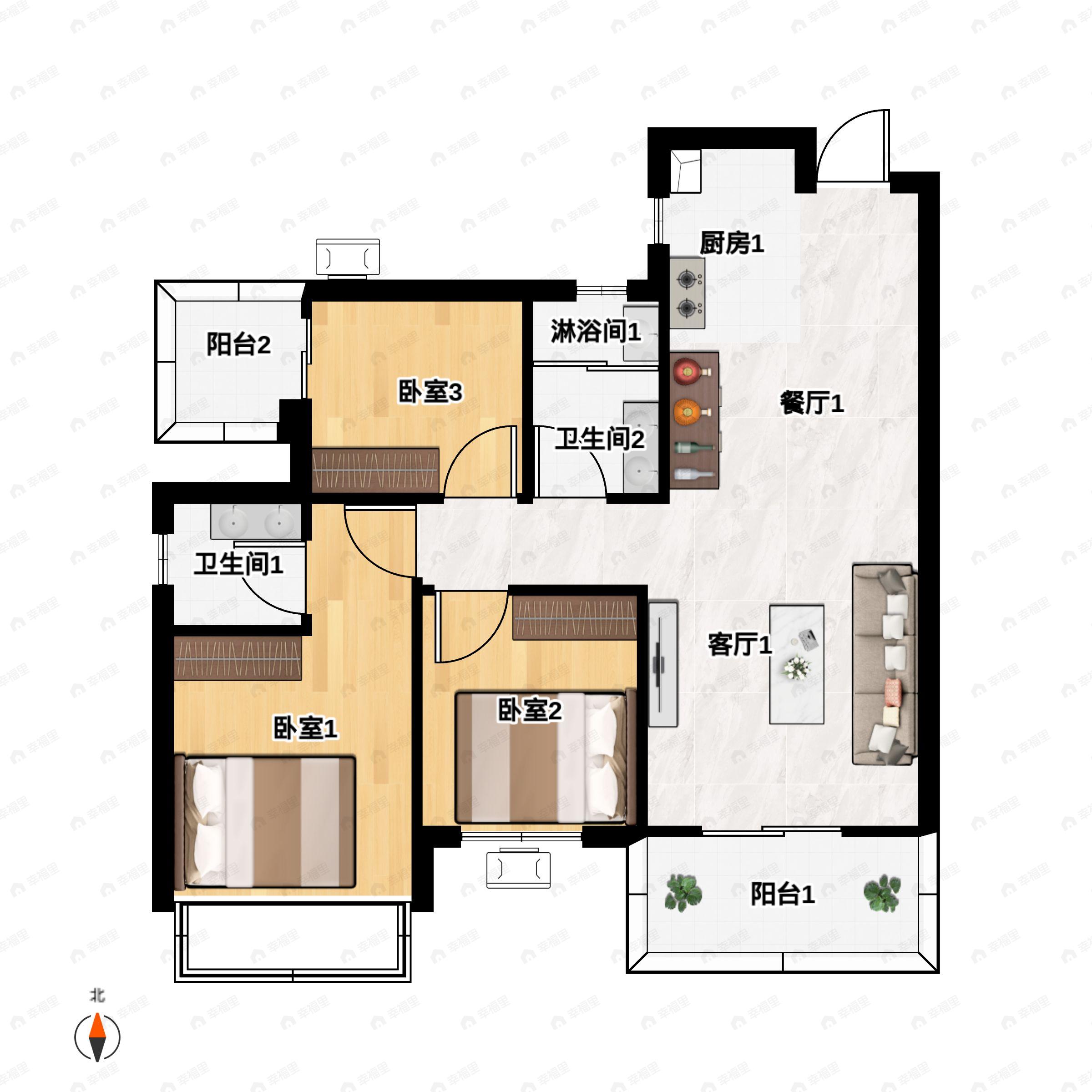 3室2厅2卫建面93平南|东南户型图