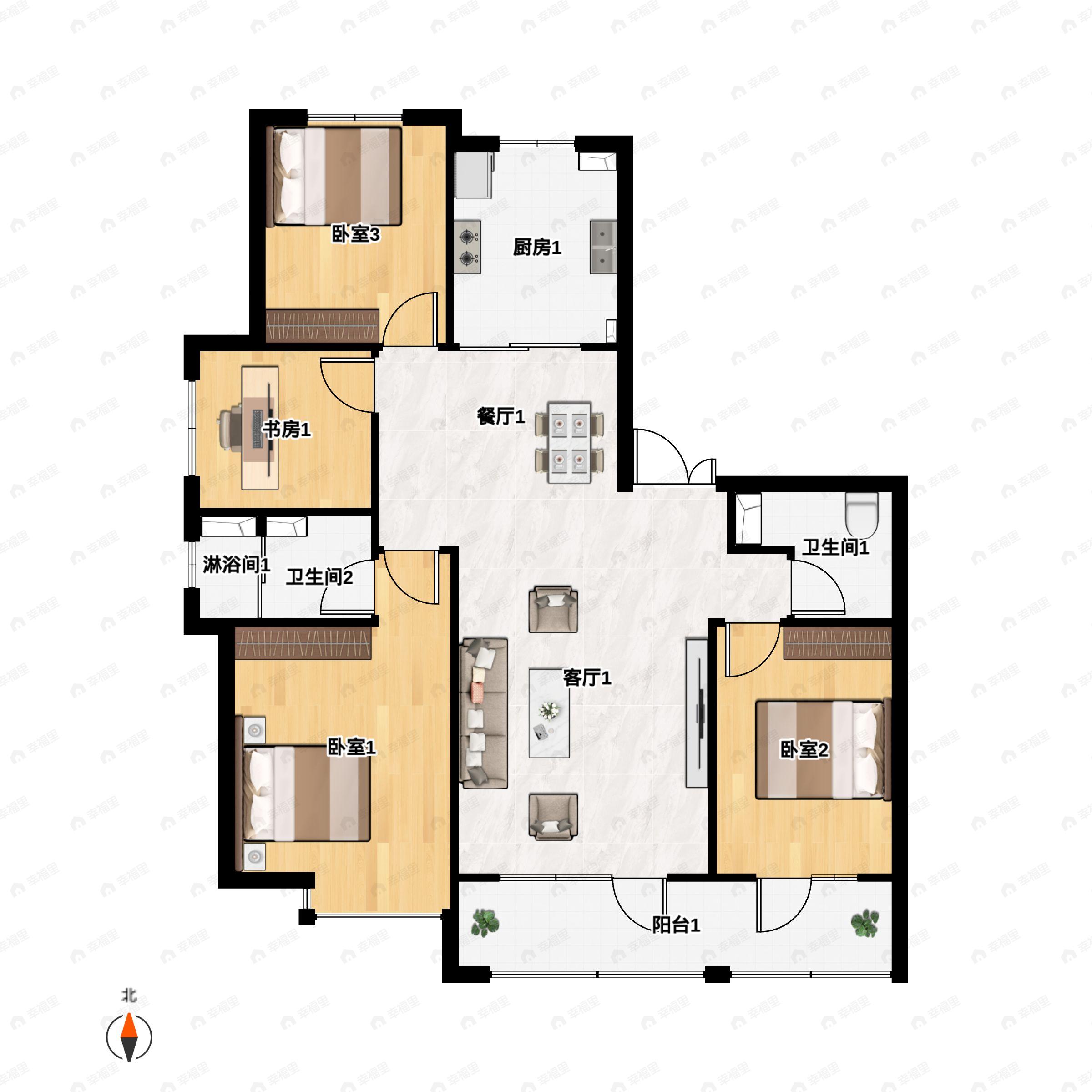4室2厅2卫建面152平南户型图