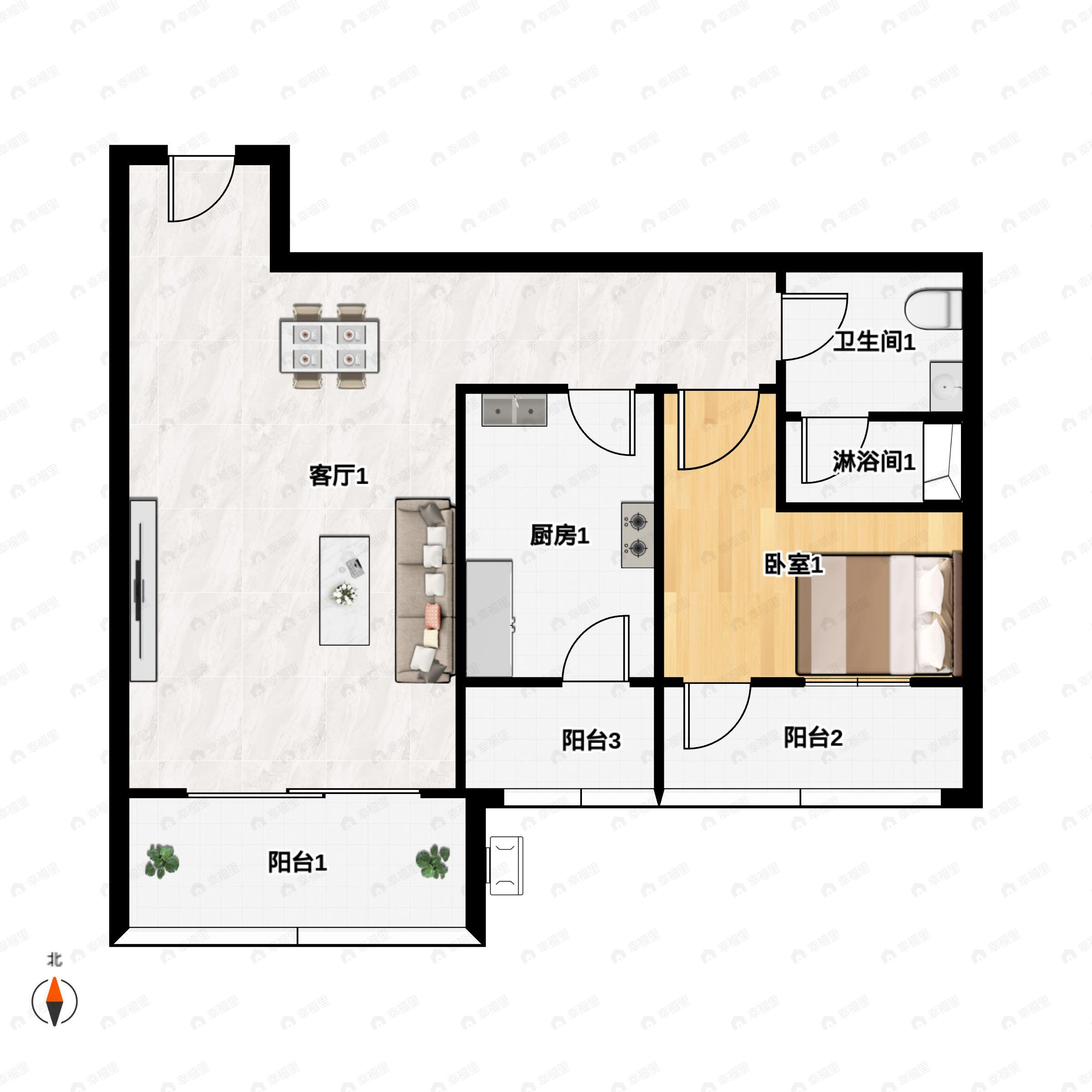 1室2厅1卫建面62平户型图