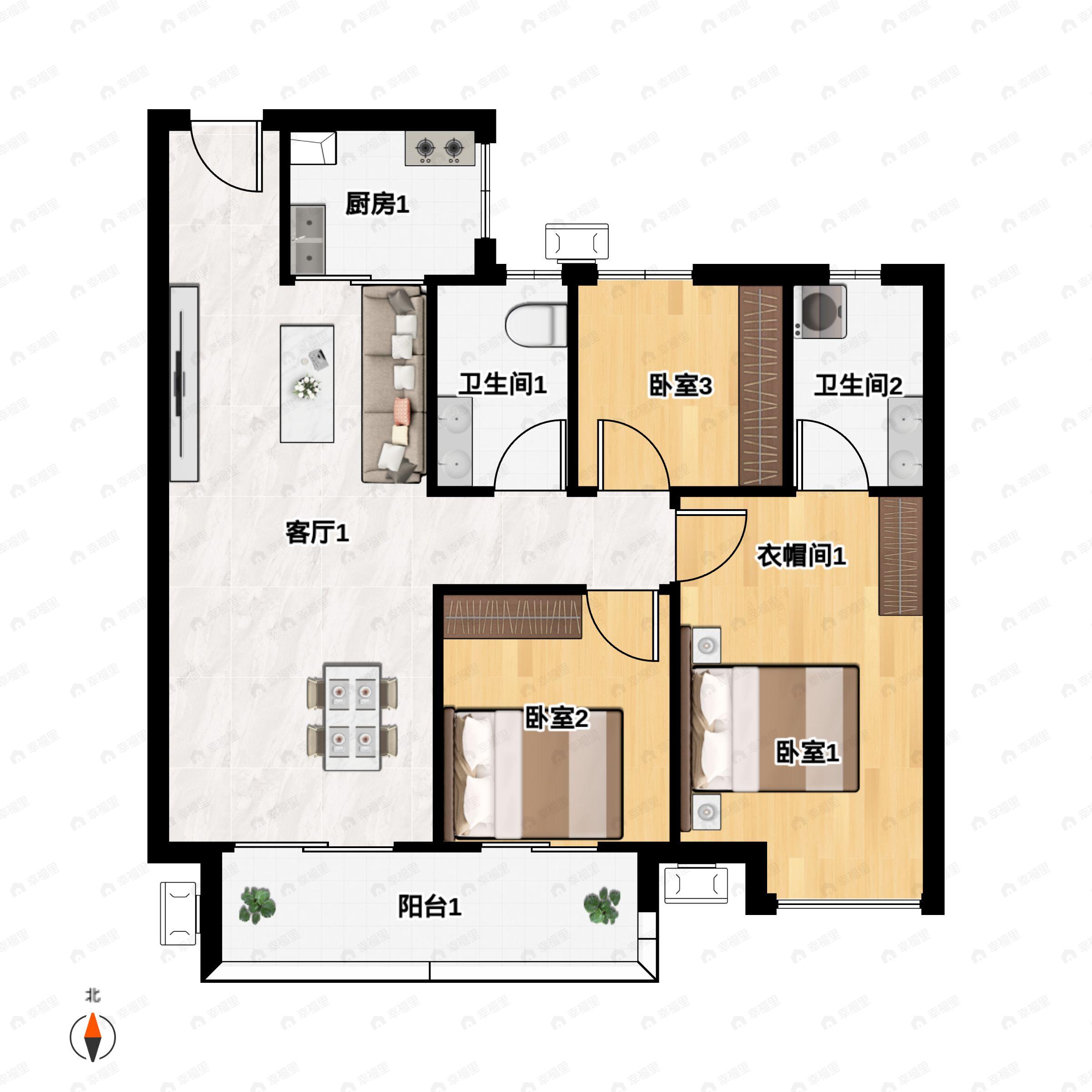 3室2厅2卫建面105m²南户型图