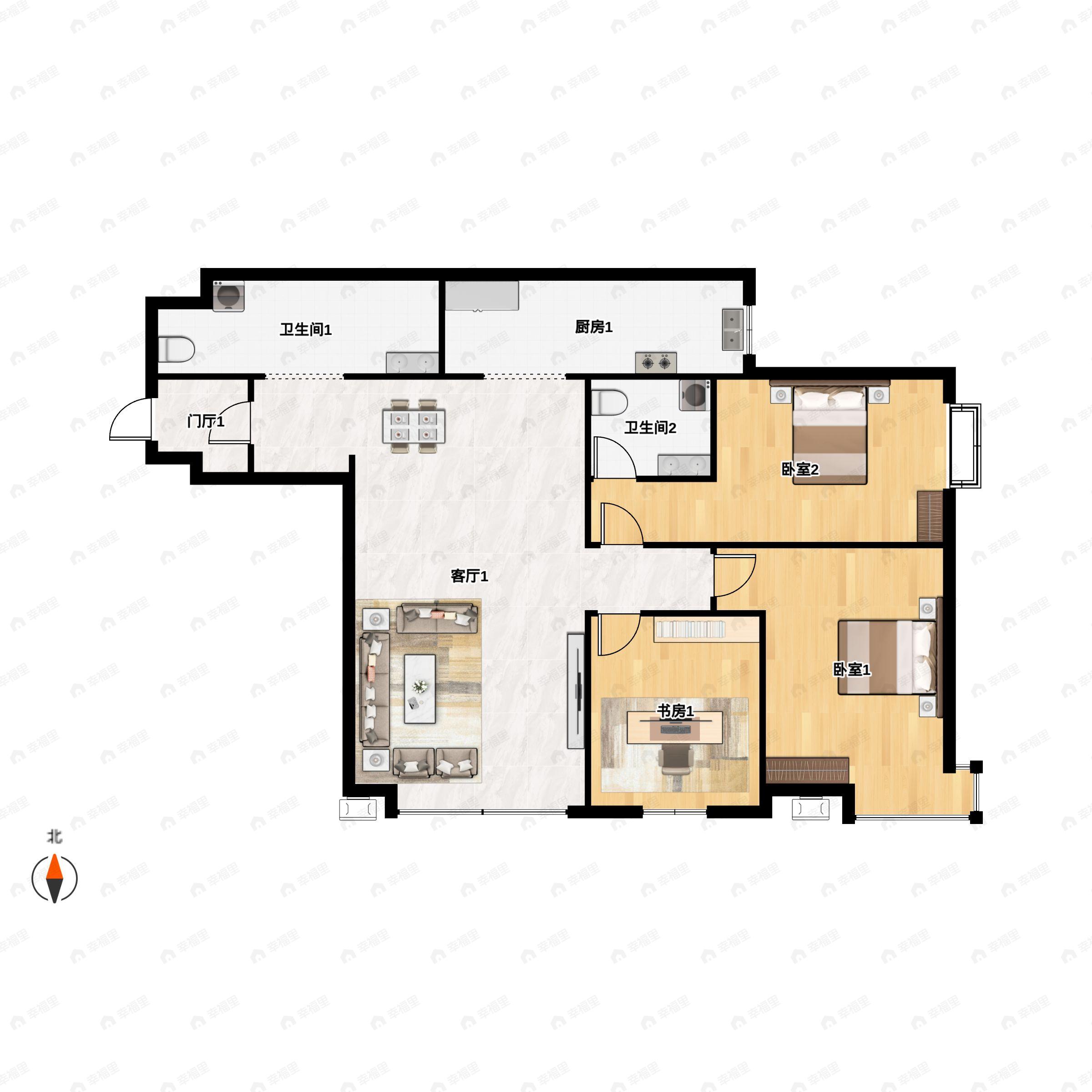 3室2厅2卫建面140m²南户型图