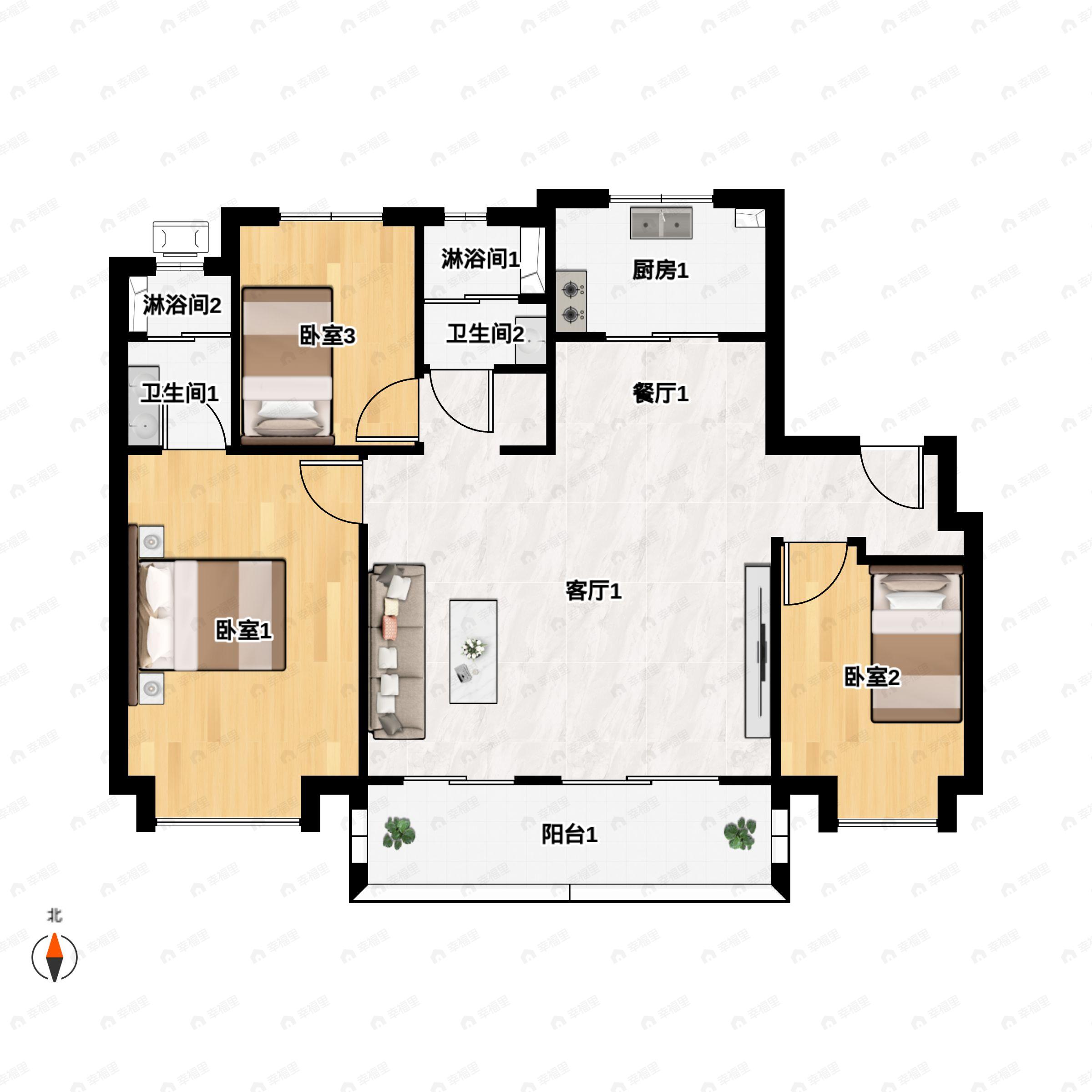 3室2厅2卫建面115m²北|南户型图