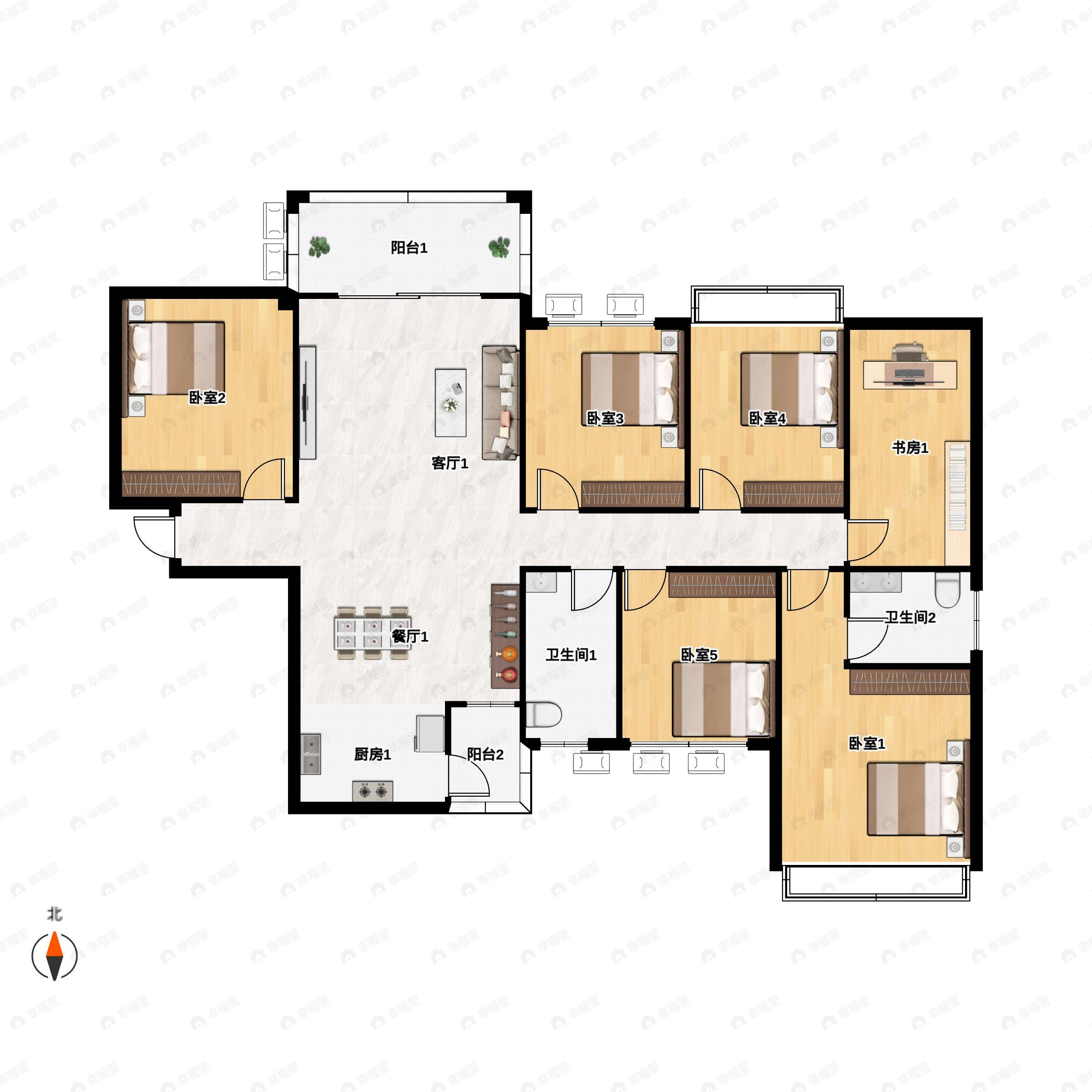 6室2厅2卫建面142平北|南户型图