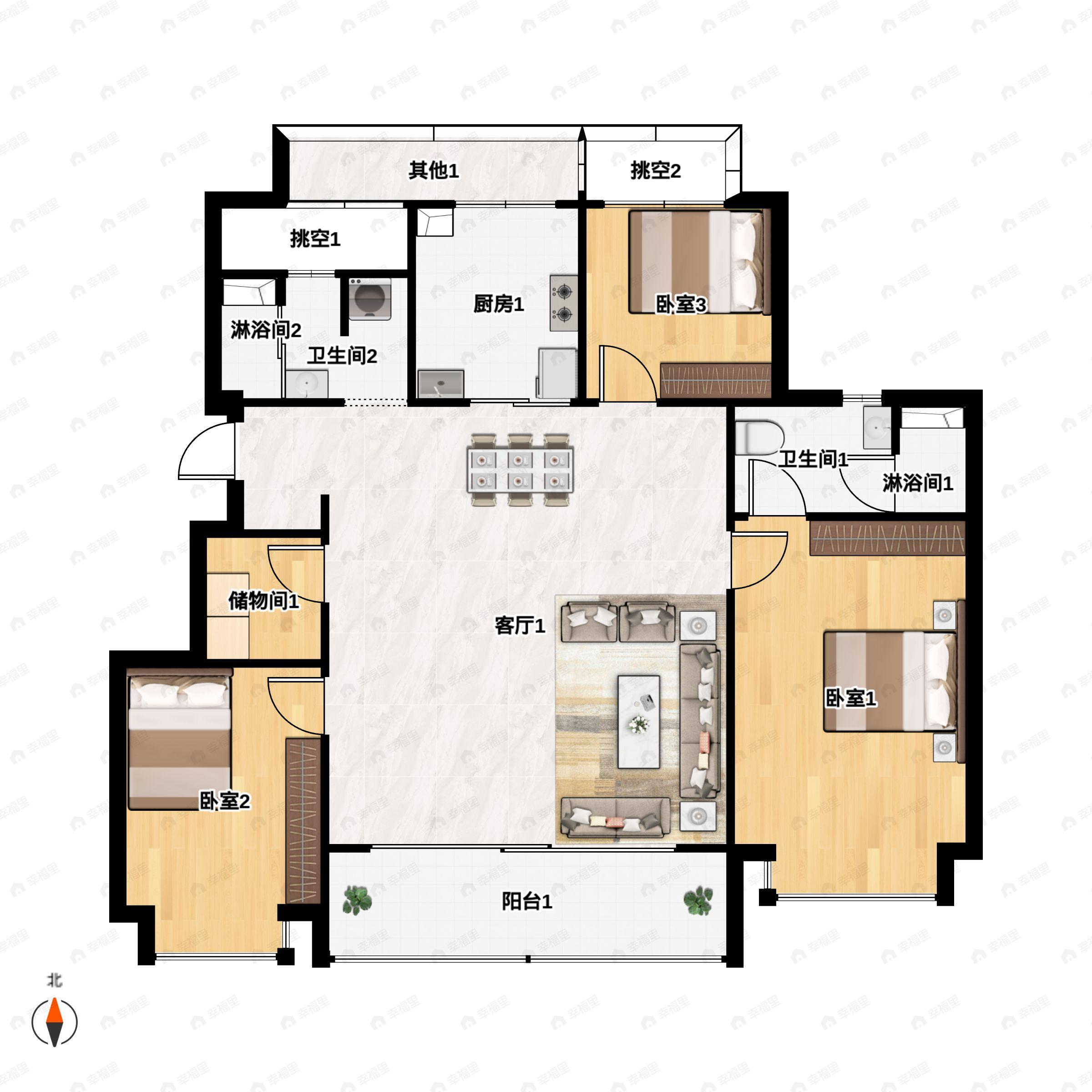 3室2厅2卫建面126m²北|南户型图