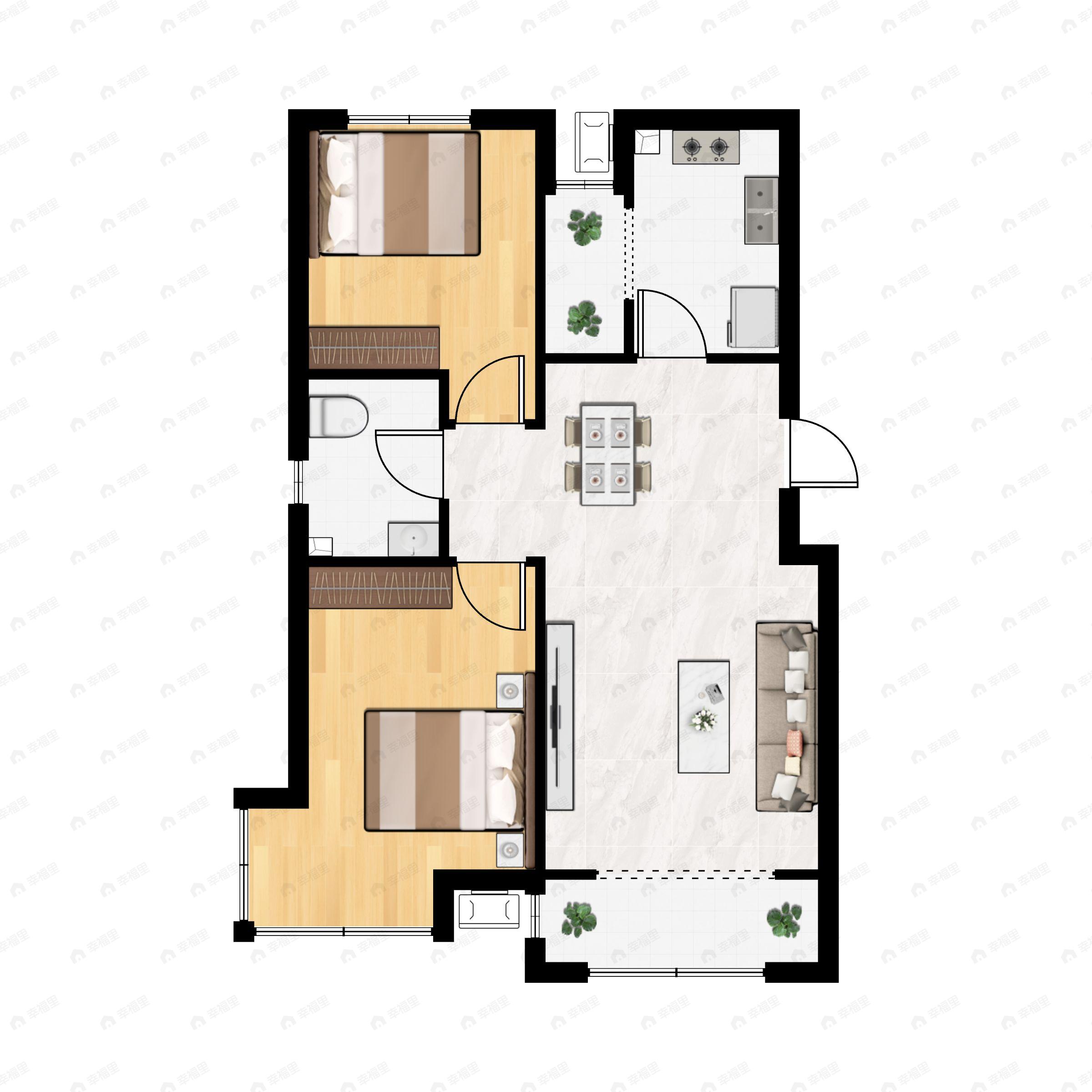2室2厅1卫建面97m²南|北户型图