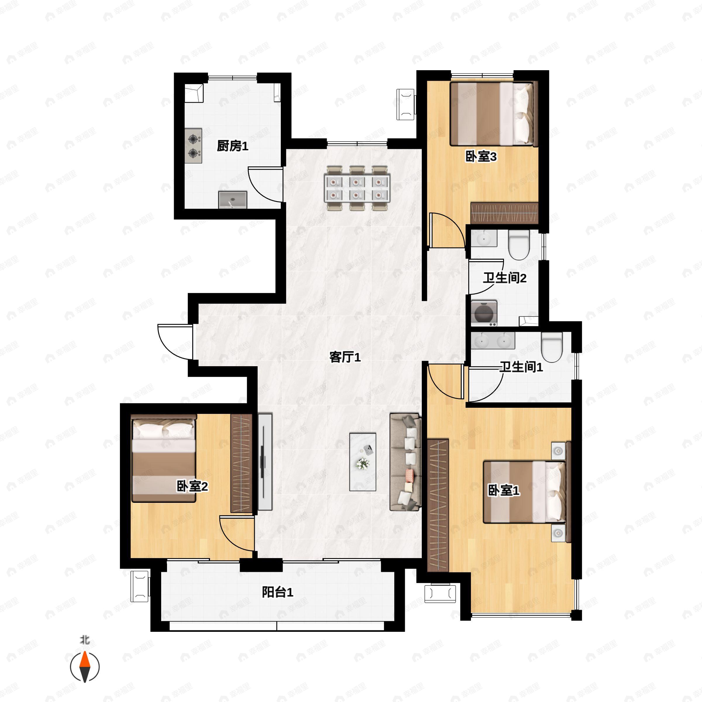 3室2厅2卫建面134m²南|北户型图