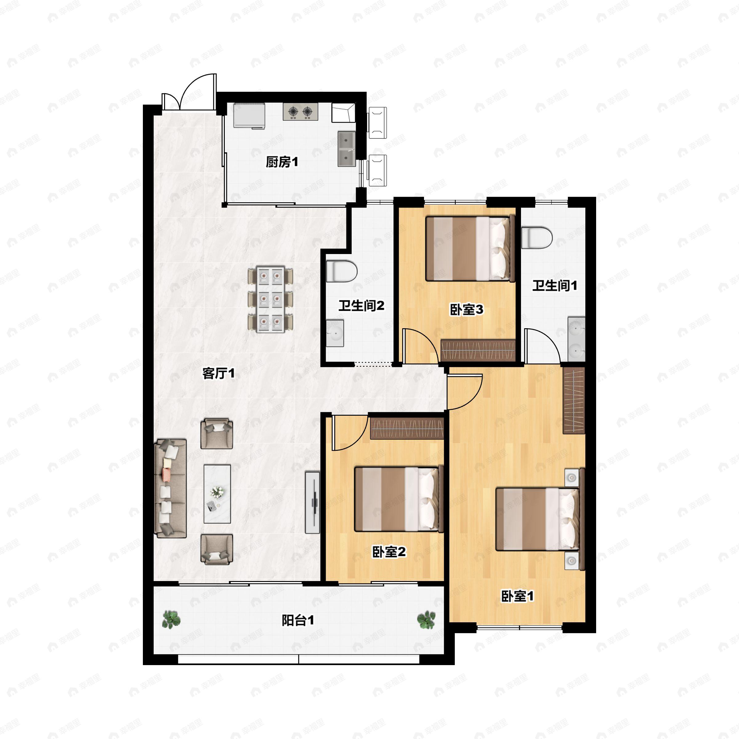 3室2厅2卫建面143m²南户型图