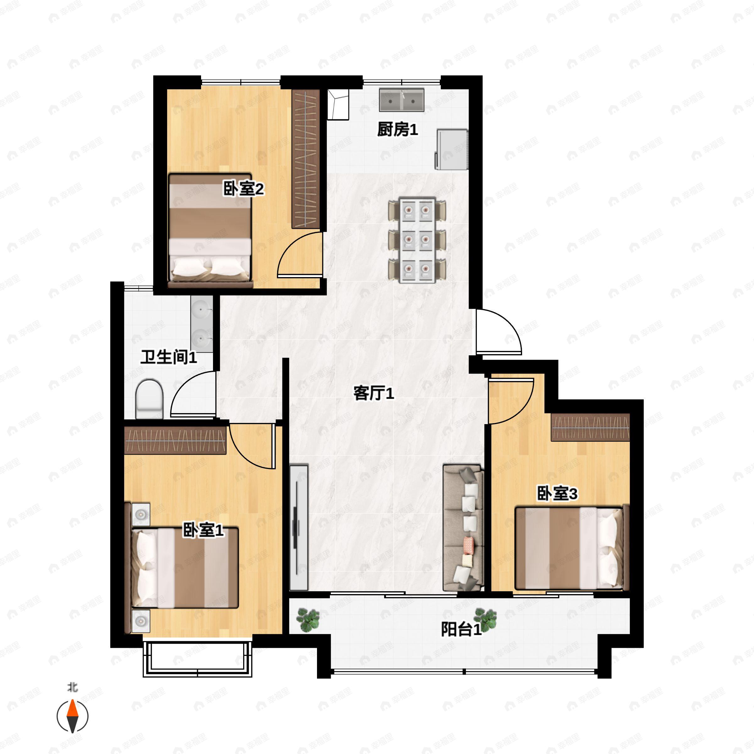 3室2厅1卫建面107m²北|南户型图