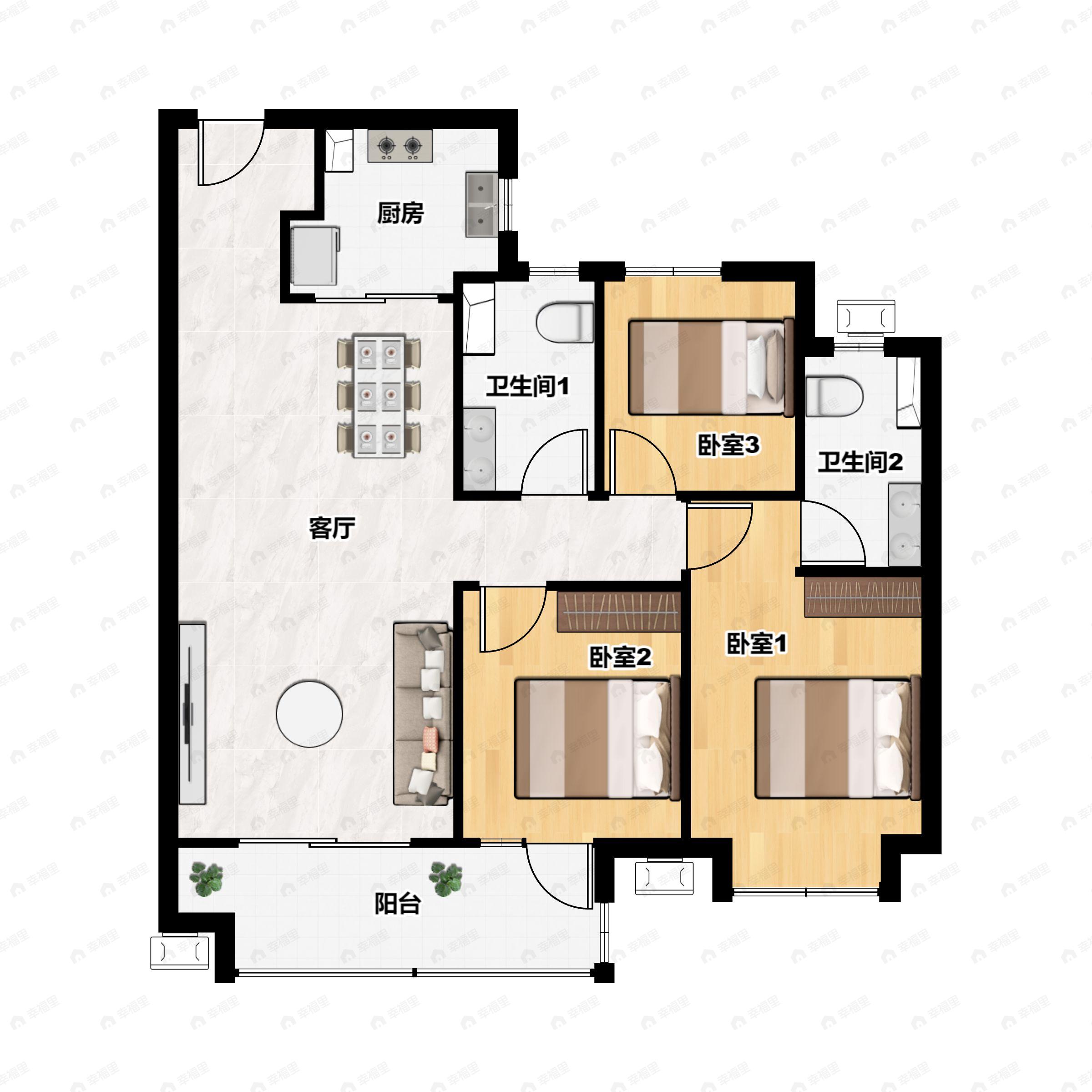 3室2厅2卫建面98m²南|北户型图