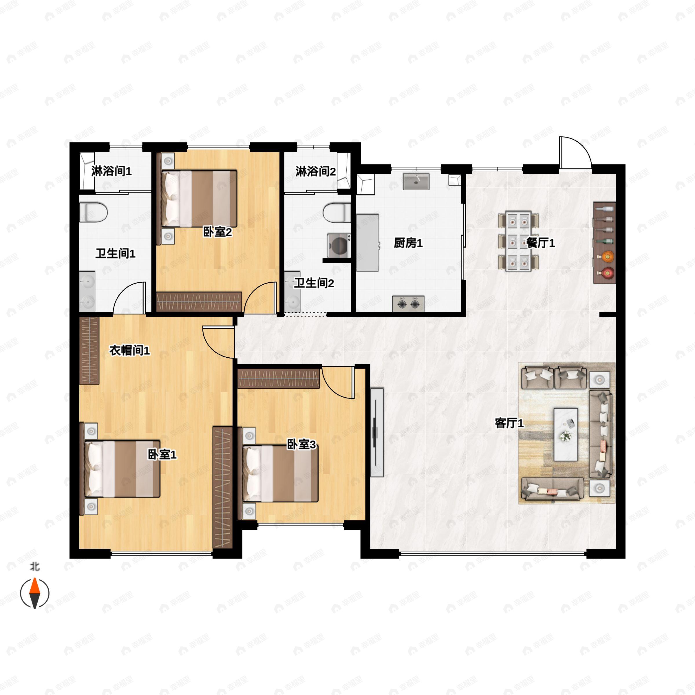 3室2厅2卫建面136m²北|南户型图
