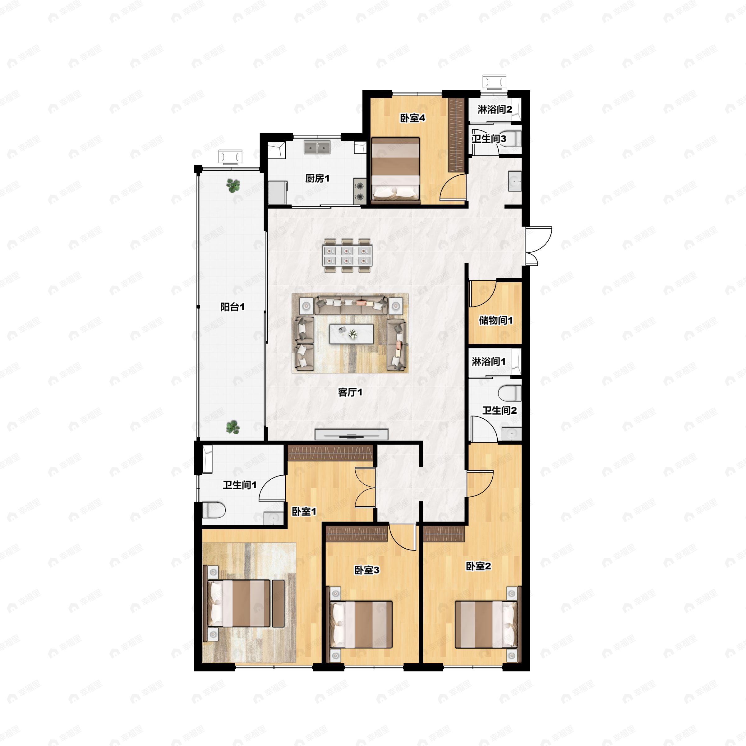 4室2厅3卫建面180平南|北户型图