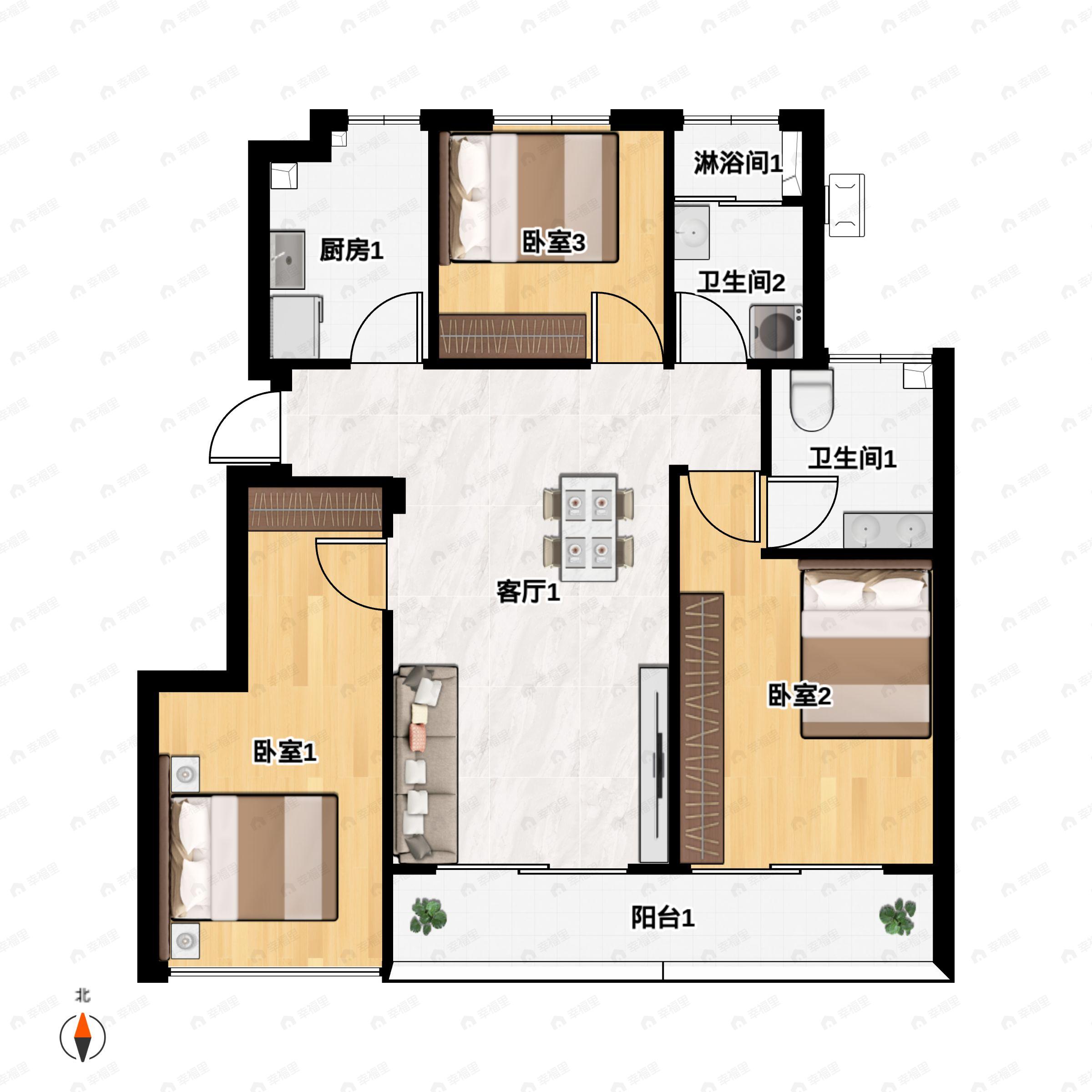 3室2厅2卫建面98平南户型图