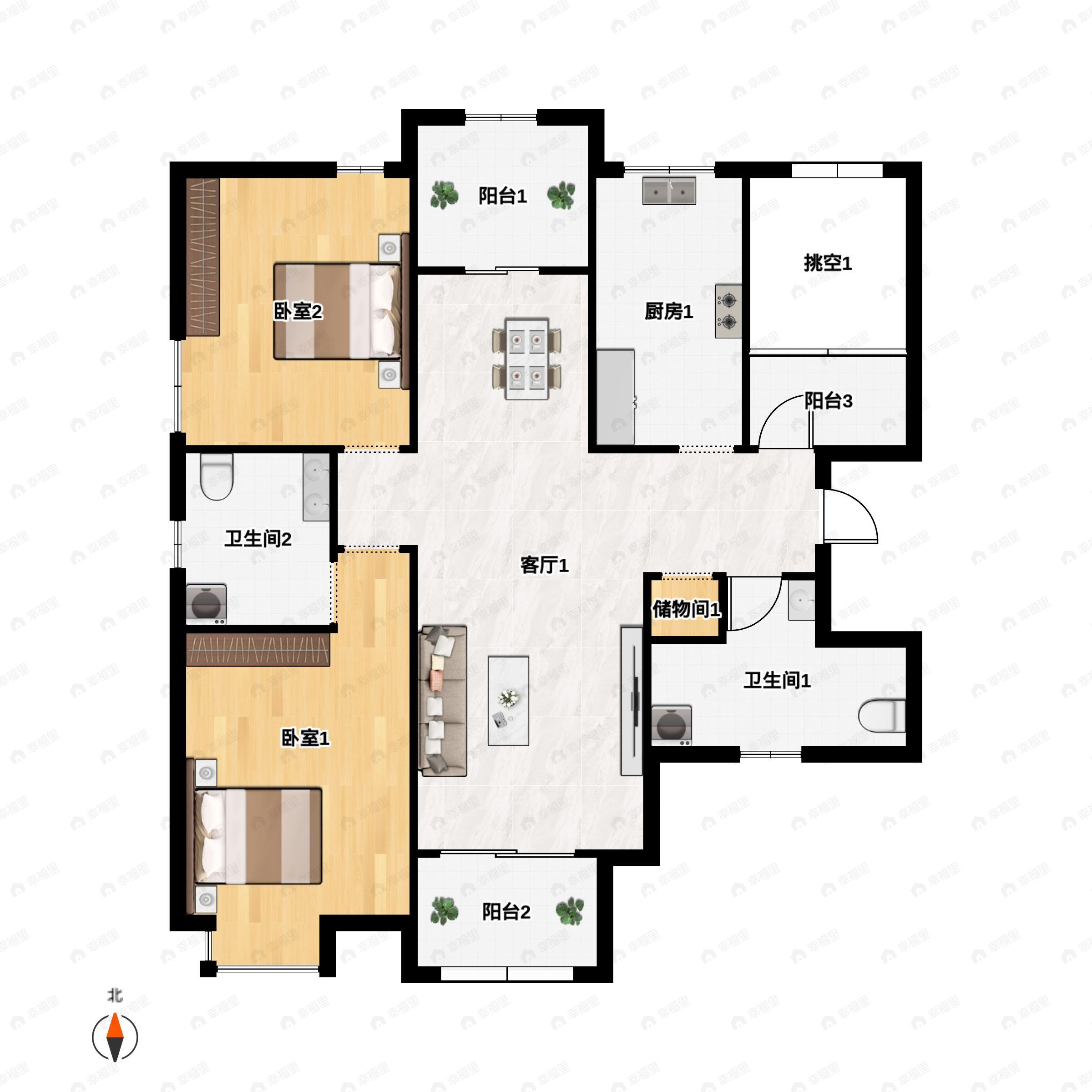1室1厅建面124m²南户型图