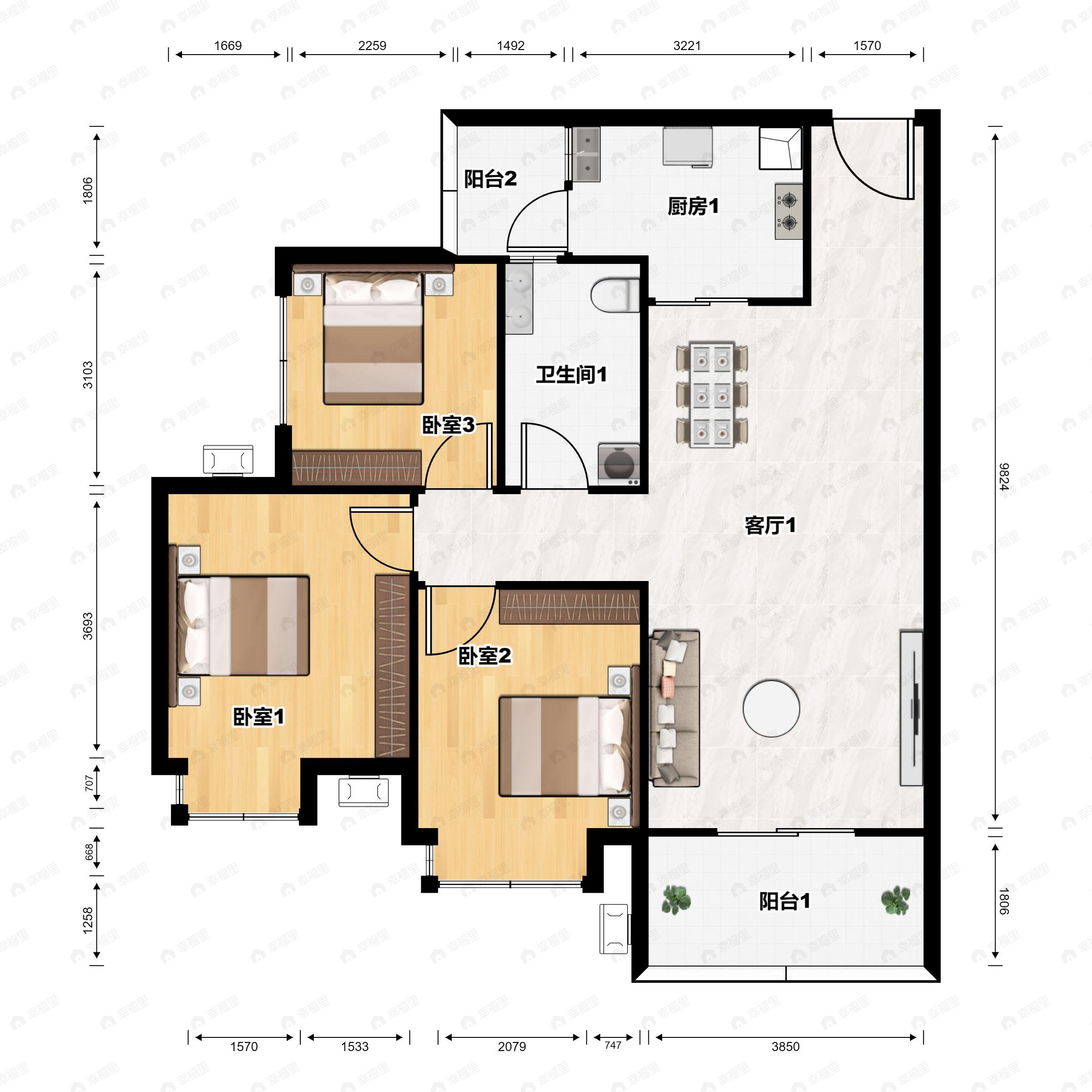 3室2厅1卫建面96平户型图