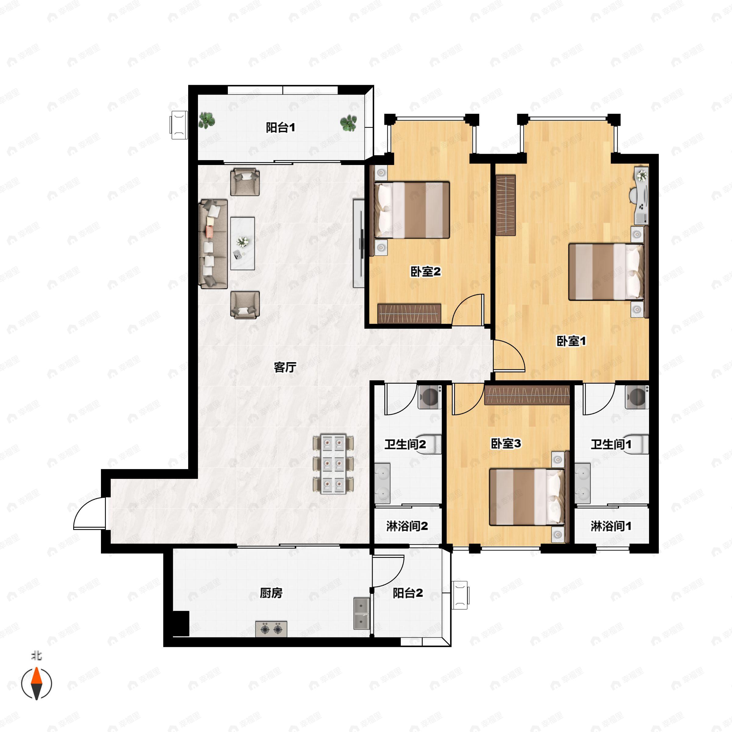 3室2厅2卫建面101平北户型图