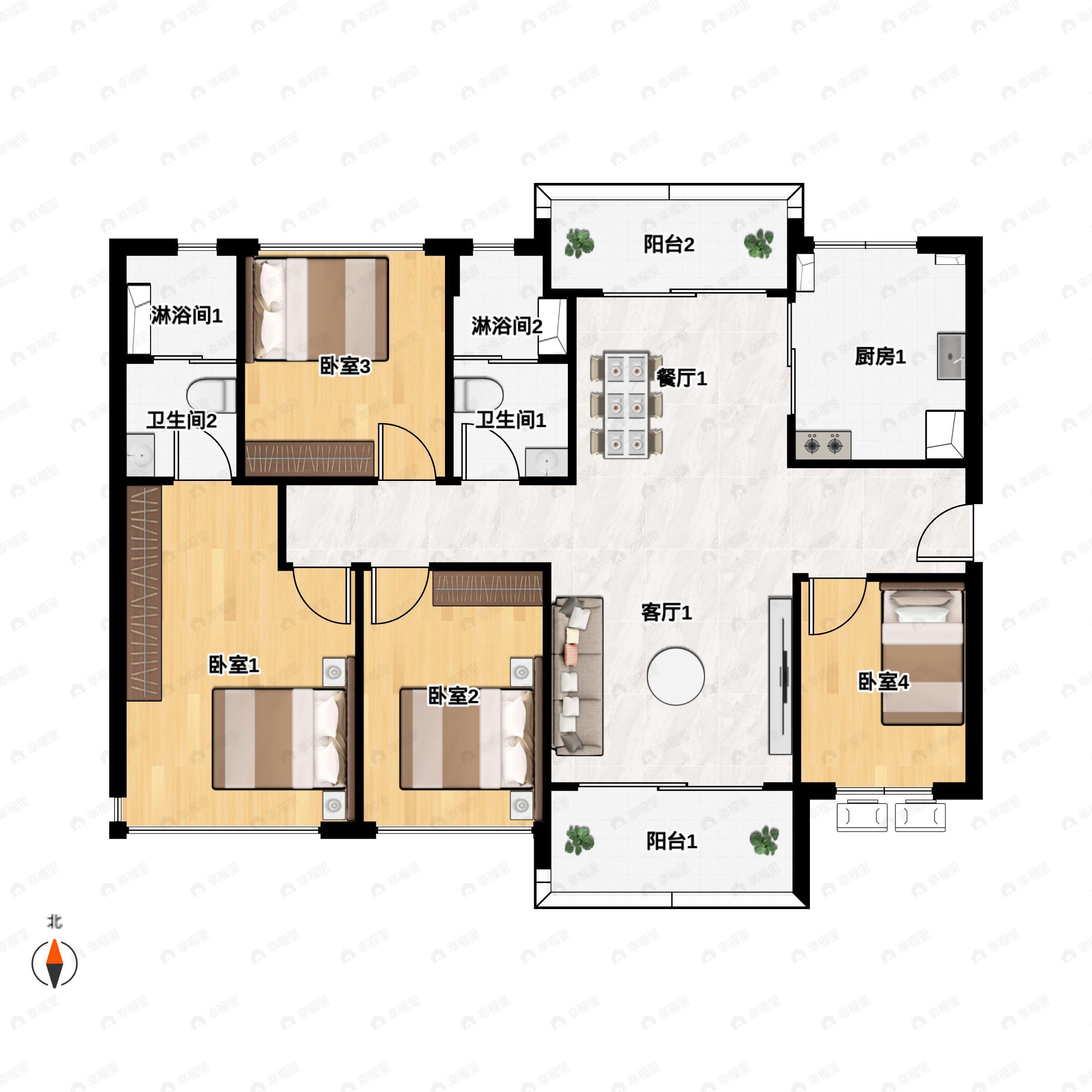 4室2厅2卫建面122平南|北户型图