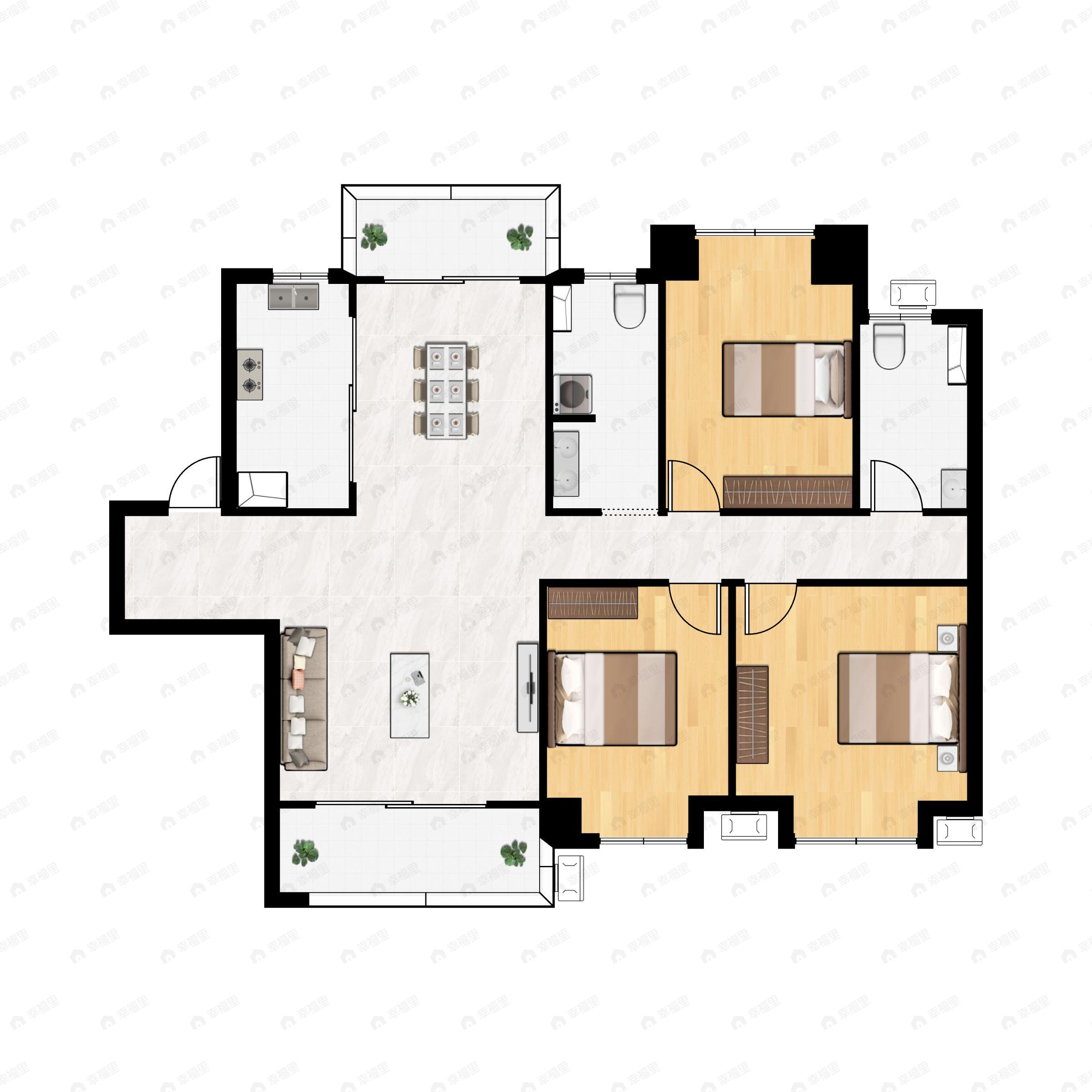 3室2厅2卫建面126平南户型图