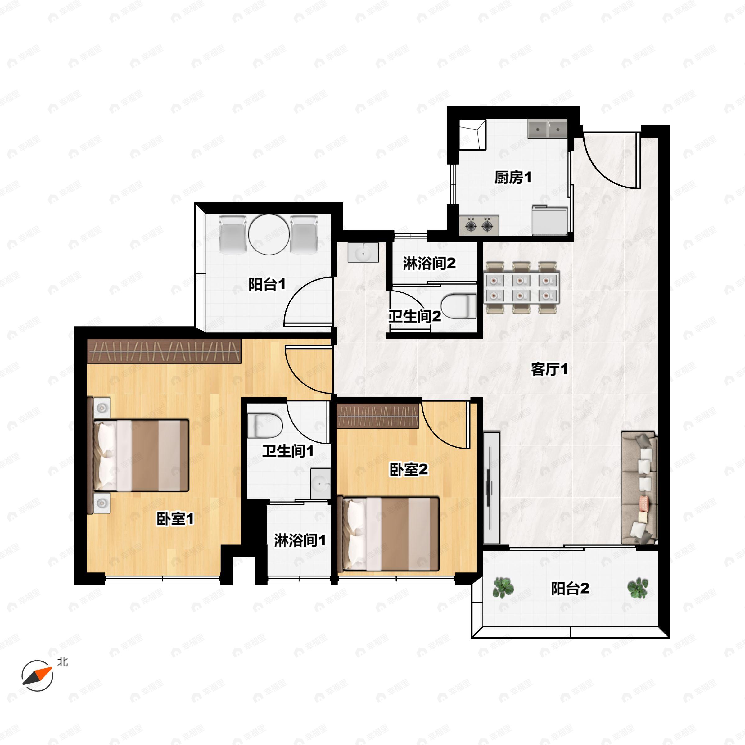 3室2厅2卫建面85平户型图