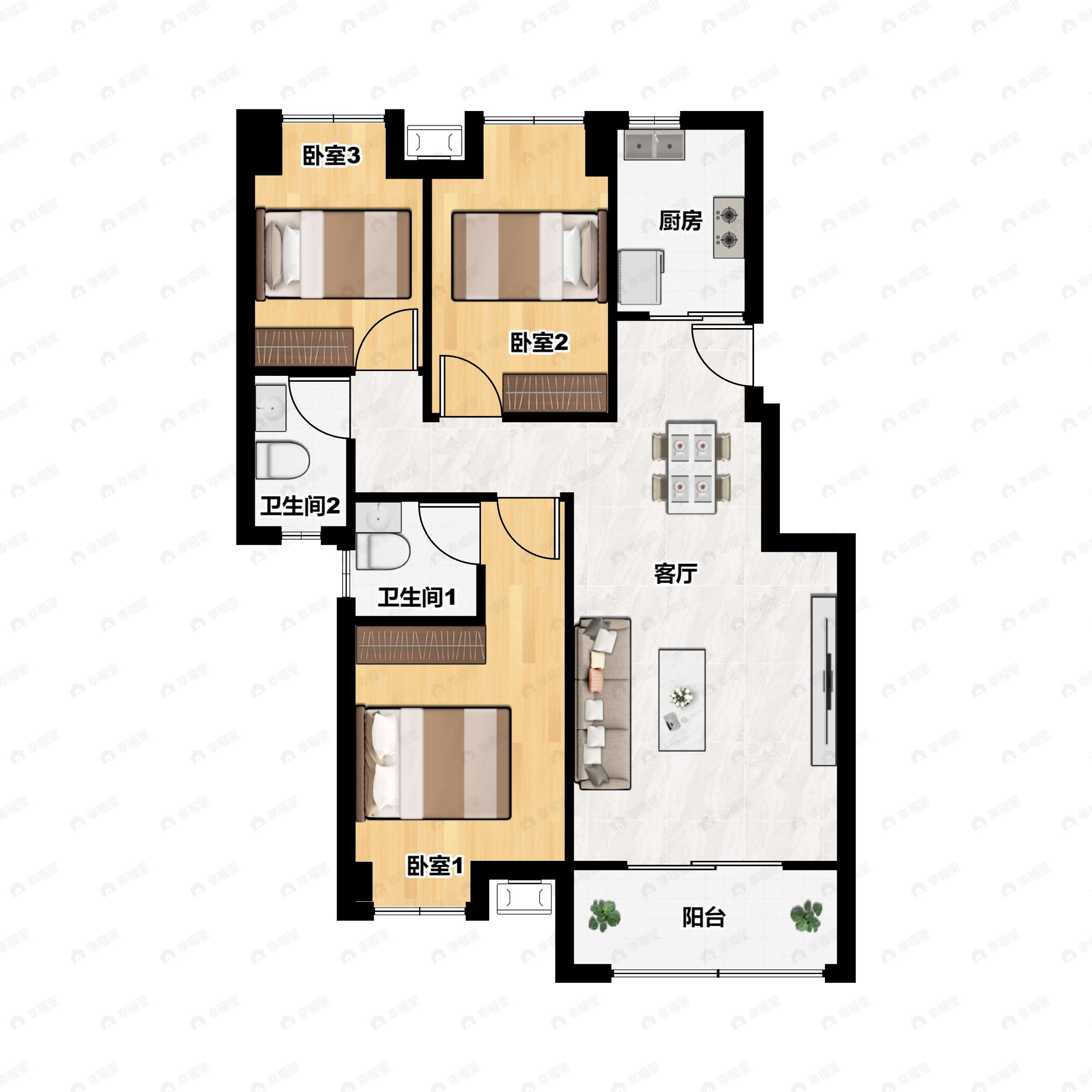 3室2厅2卫建面127m²南户型图
