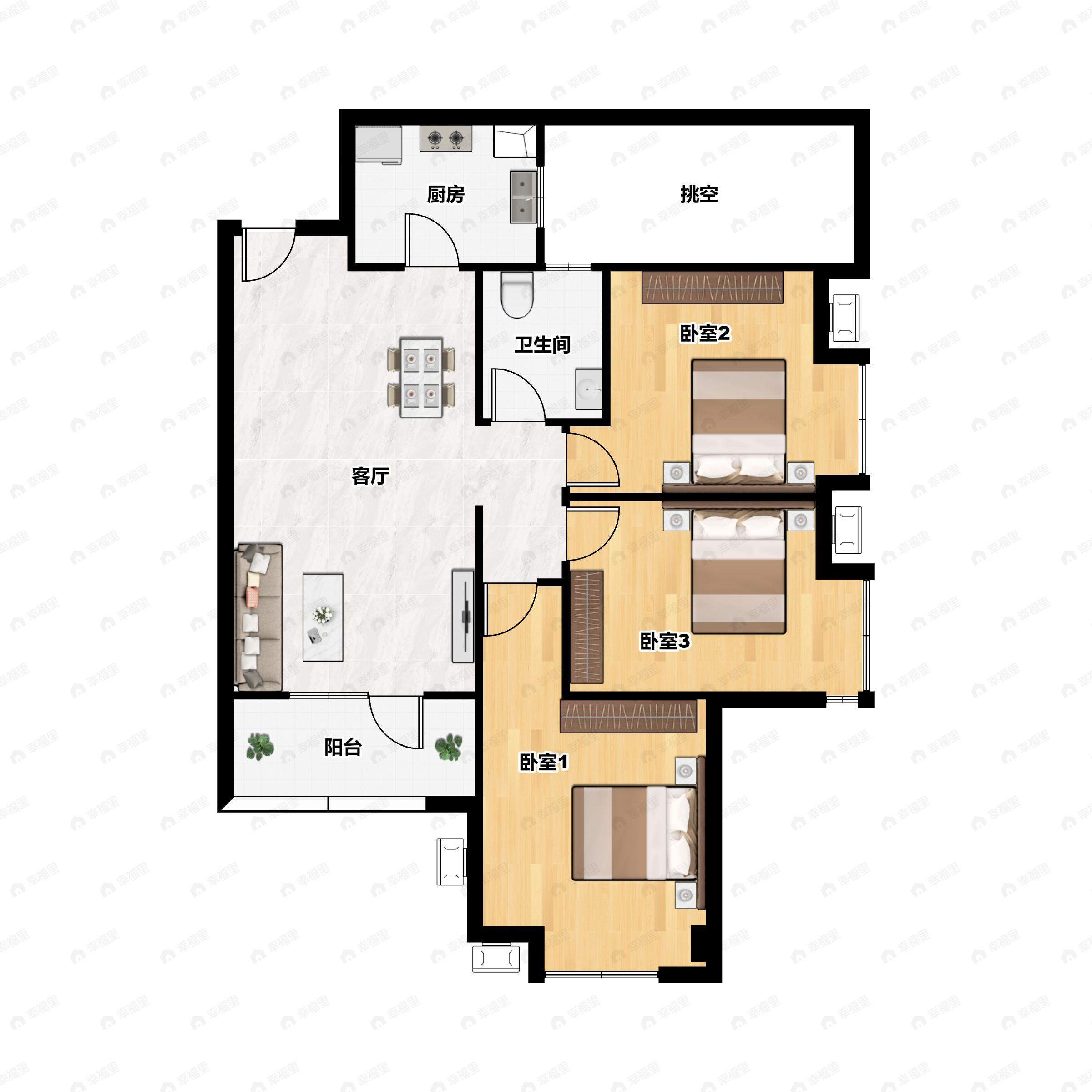 3室2厅1卫建面92平户型图